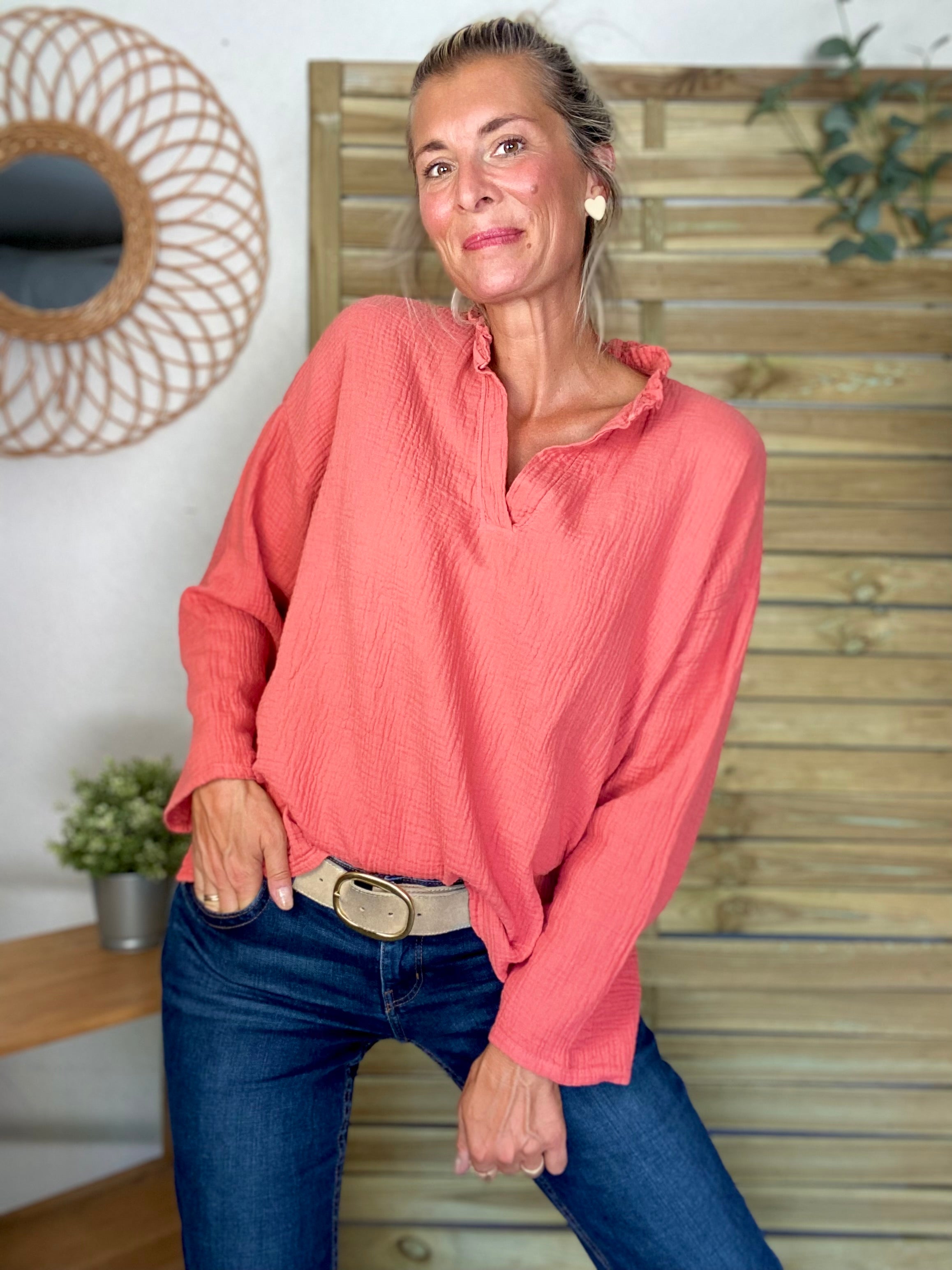 Blouse en gaze de coton SIERRA Terracotta - manches longues