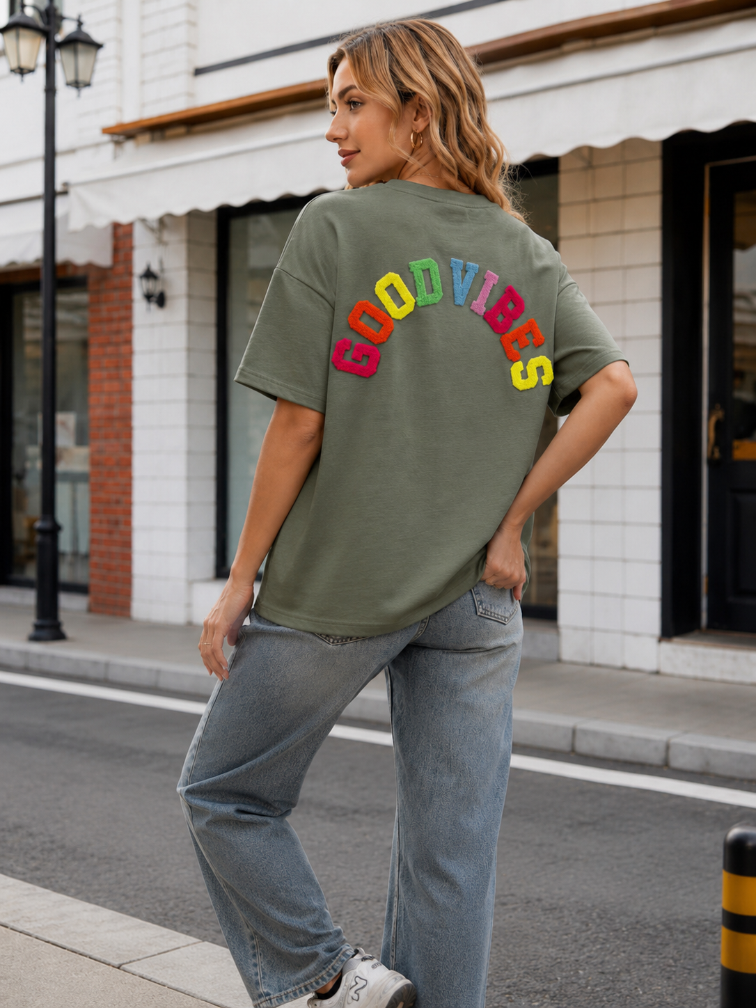 Tee shirt GOOD VIBES matière sweat - ALESSIA Kaki