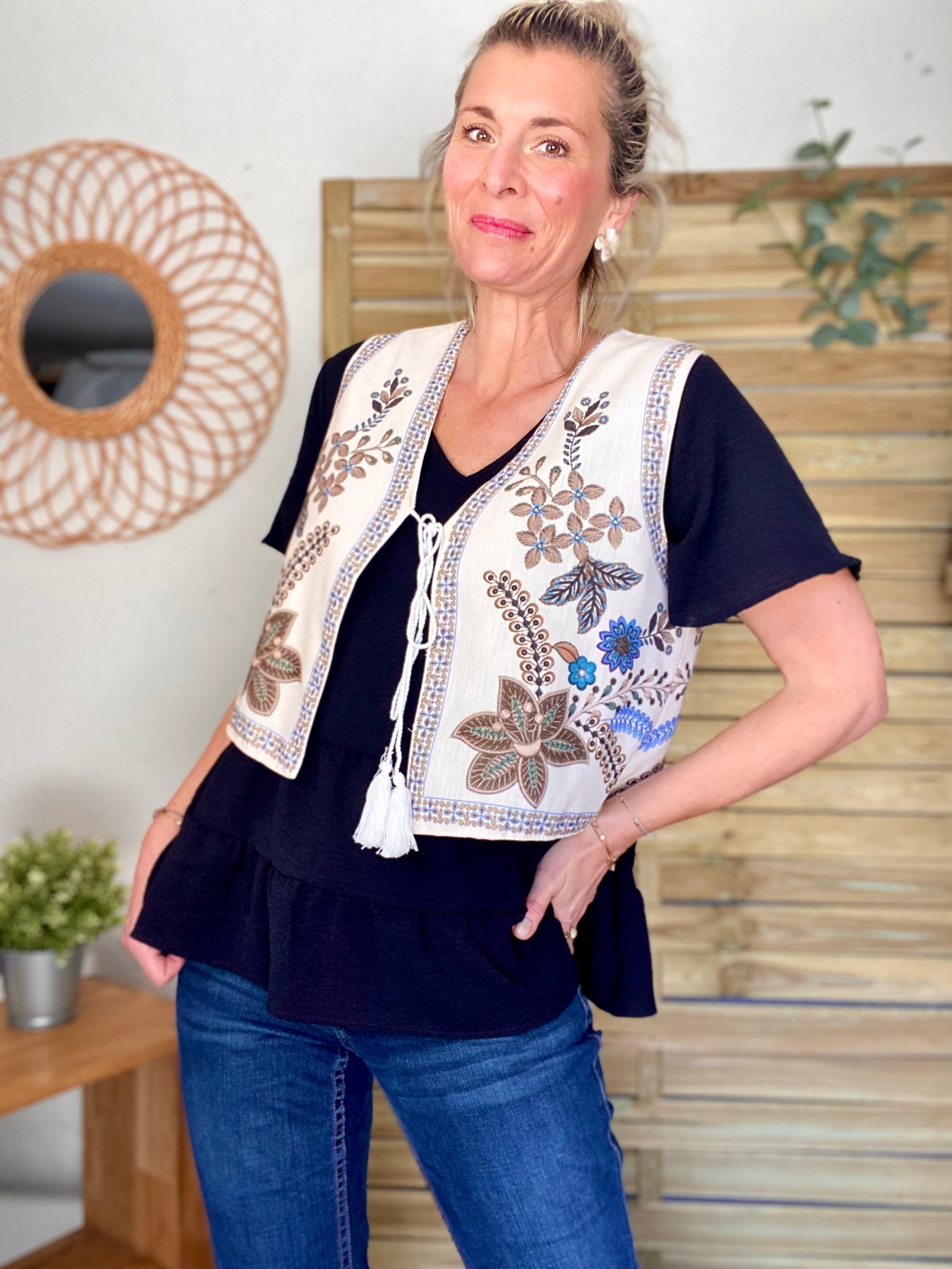 Gilet boléro fleuri Camel bleu MAXINE