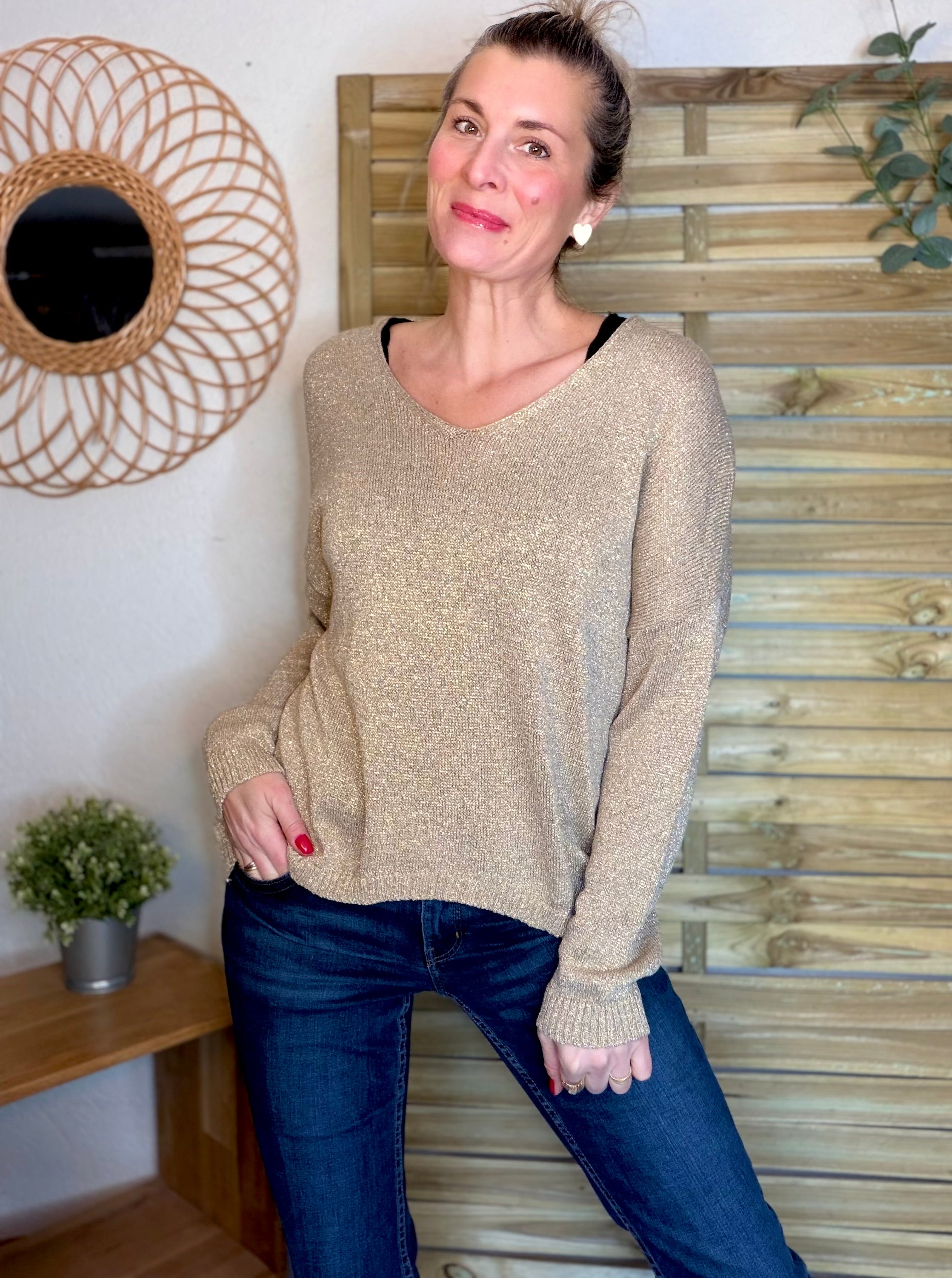 Pull maille lurex et étoile ⭐️ POLLY - Doré / Choco