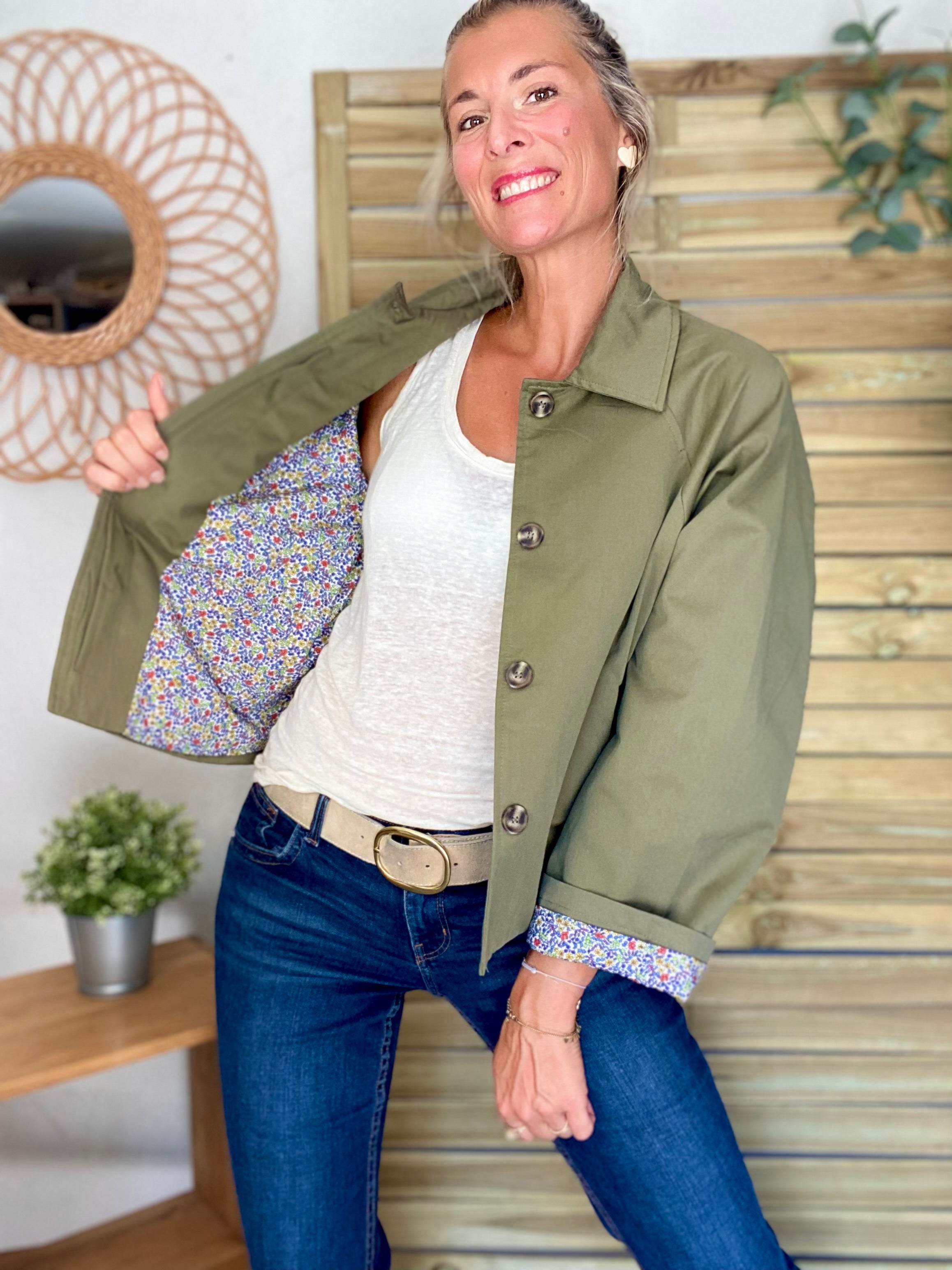 Veste Trench en coton kaki avec Liberty - MAHAUT