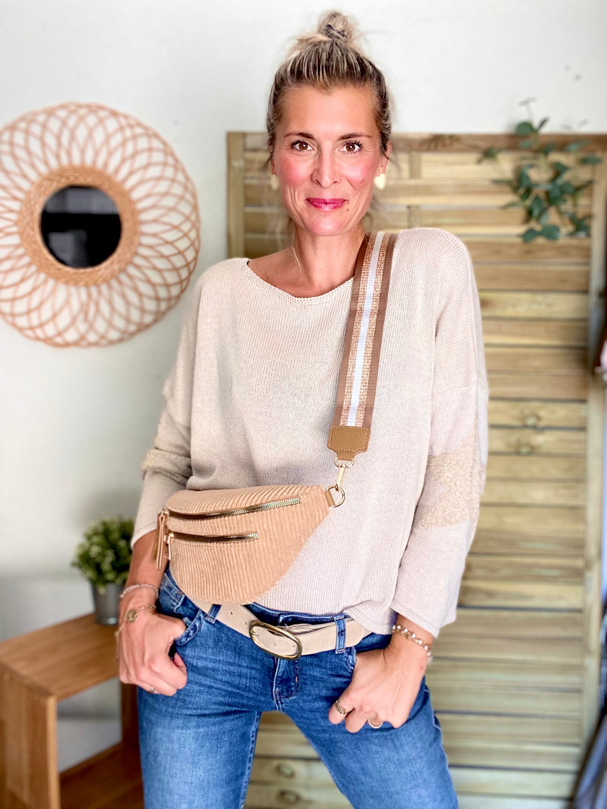 Sac banane en velours côtelé 2 zips et sangle fantaisie - CHARLY - Camel clair (côtelé large)