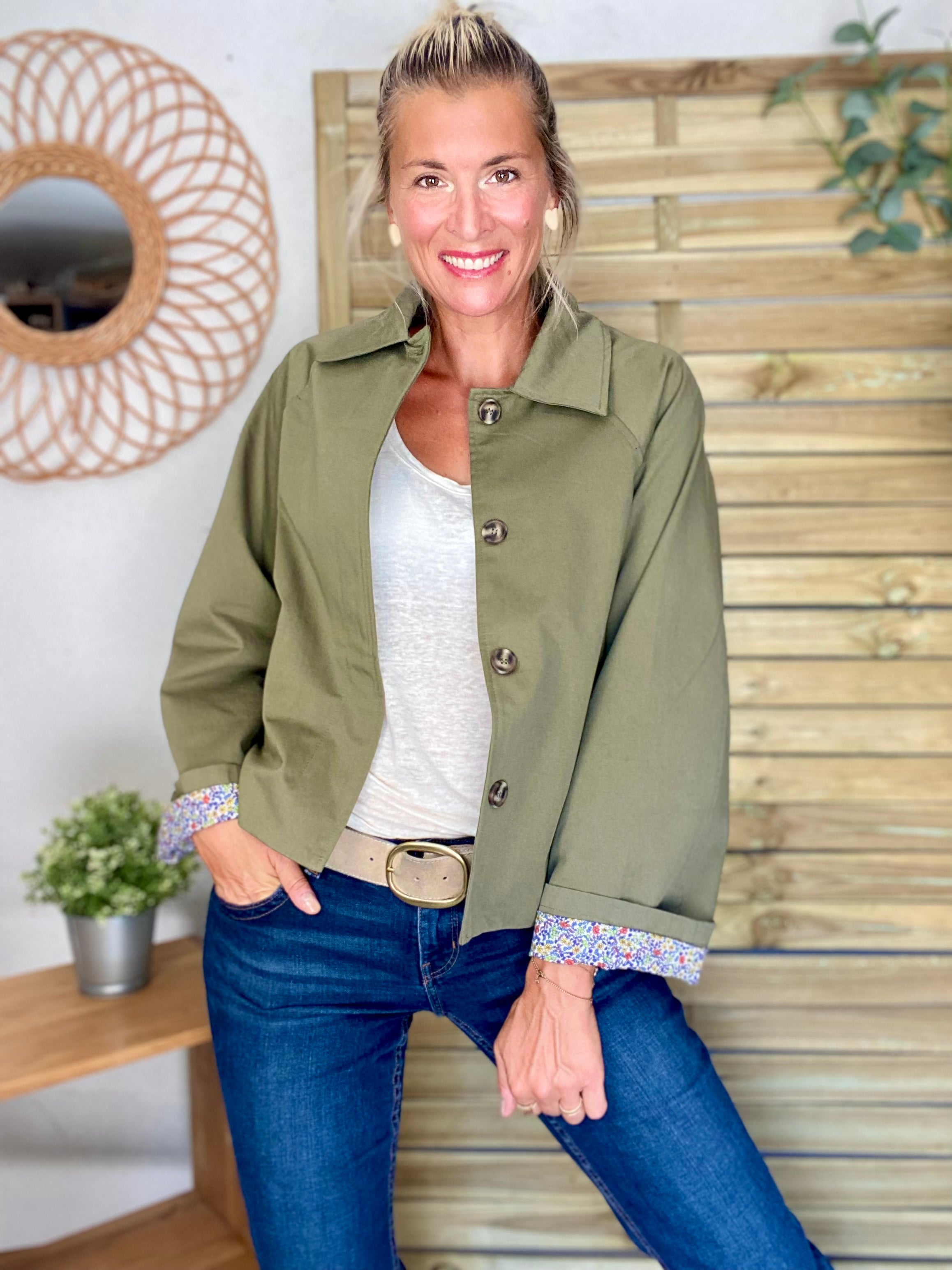 Veste Trench en coton kaki avec Liberty - MAHAUT