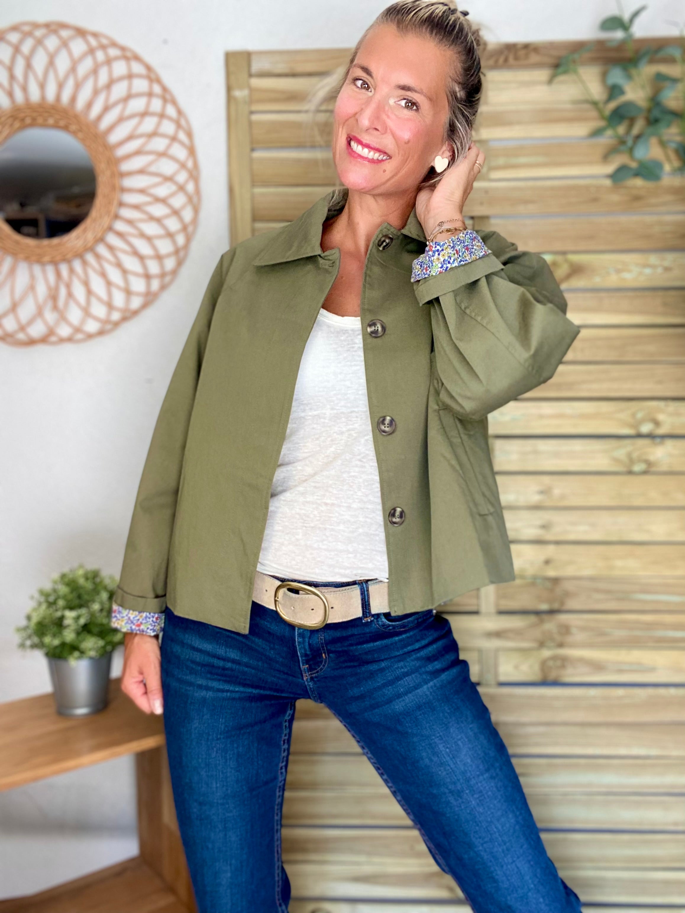 Veste Trench en coton kaki avec Liberty - MAHAUT