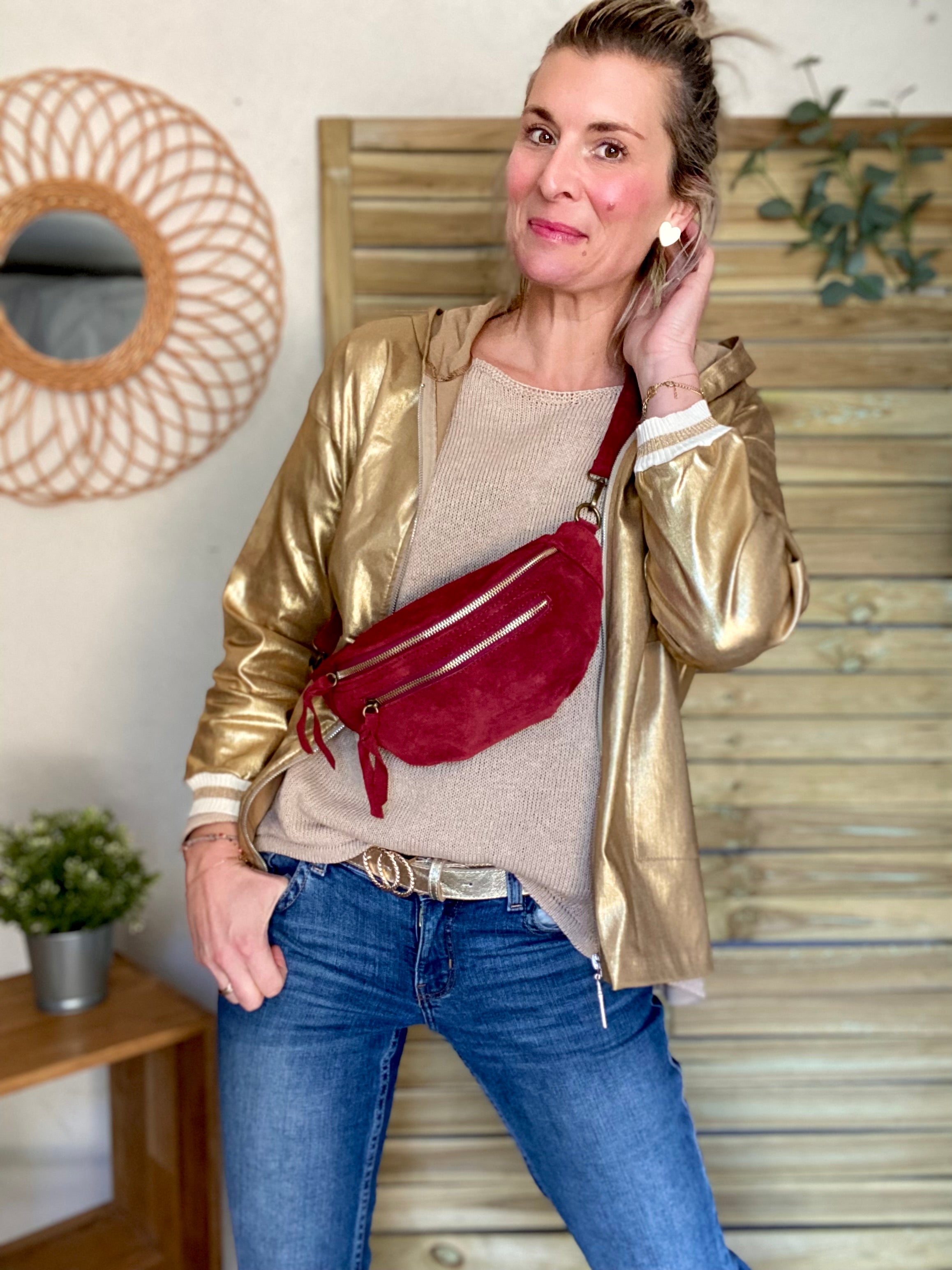 Sac banane double poche en cuir daim - OPALINE - Bordeaux