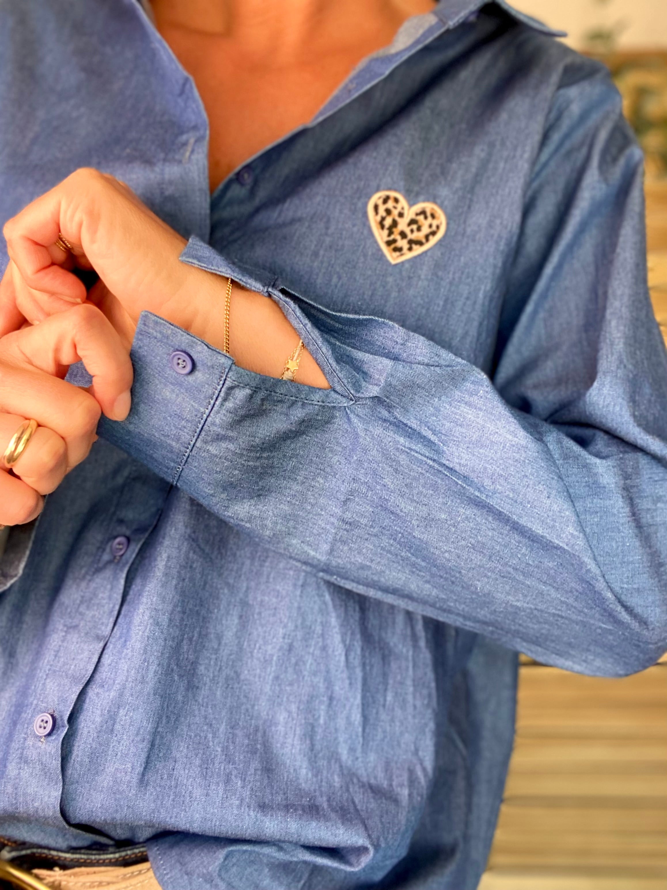 Chemise en coton brodé coeur Léo 🐆 LISE - Bleu jean