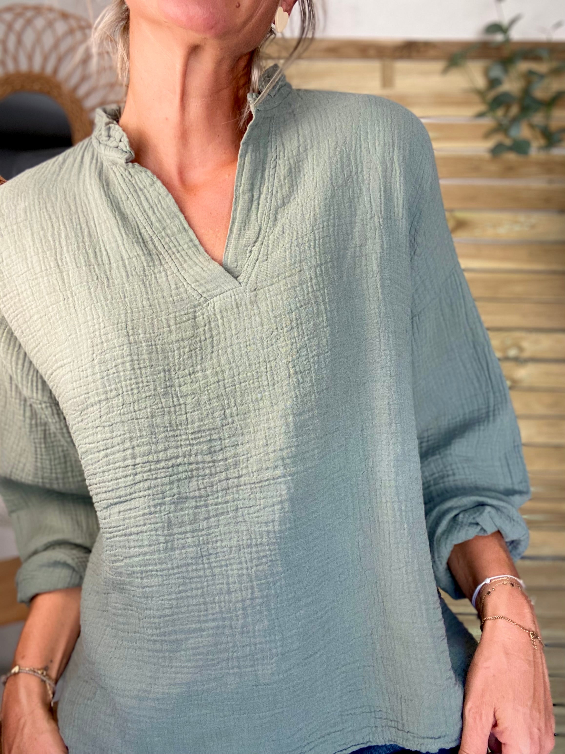 Blouse en gaze de coton SIERRA Kaki - manches longues