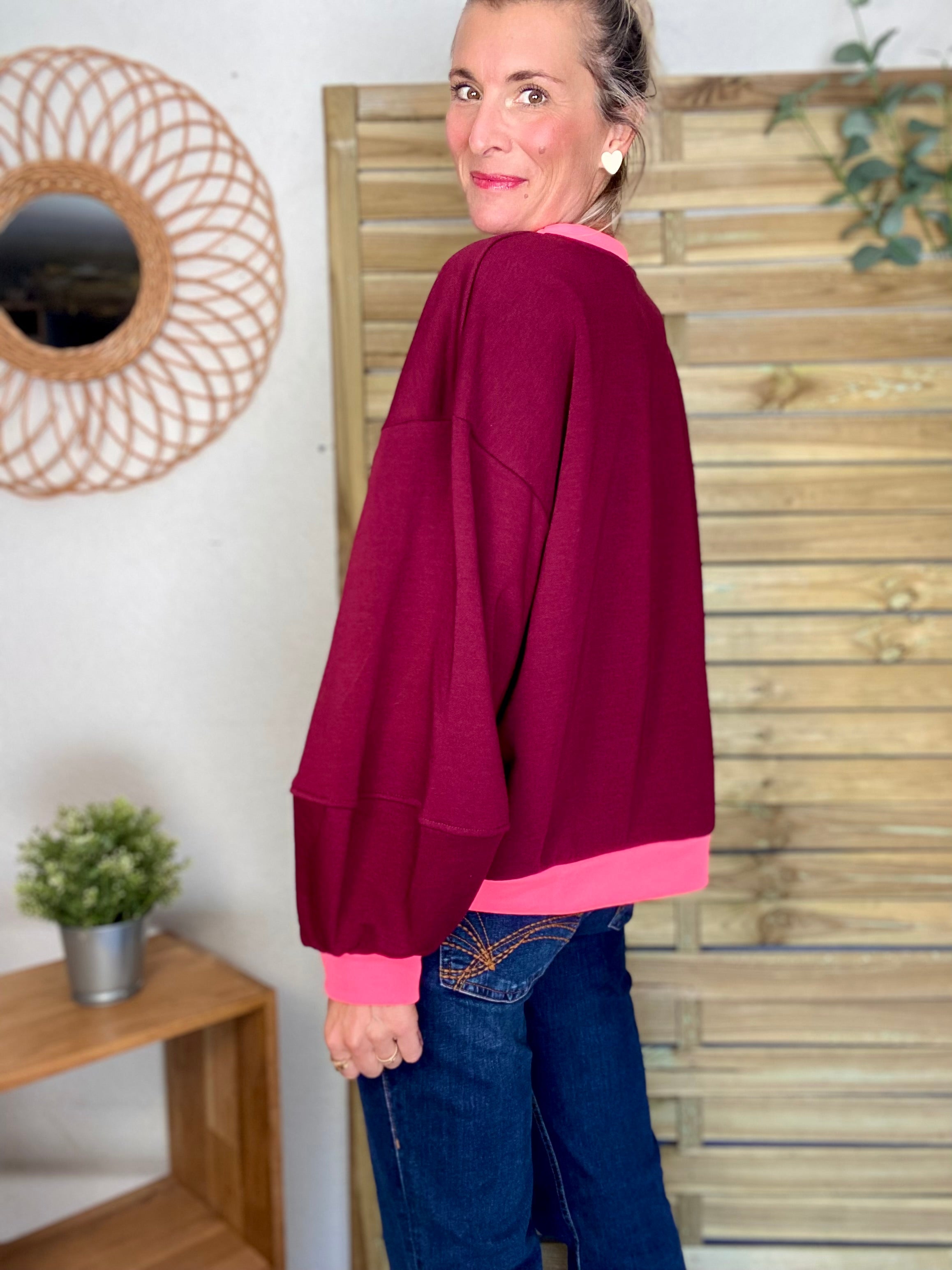 Sweat oversize uni Bordeaux/Rose fluo ISALINE