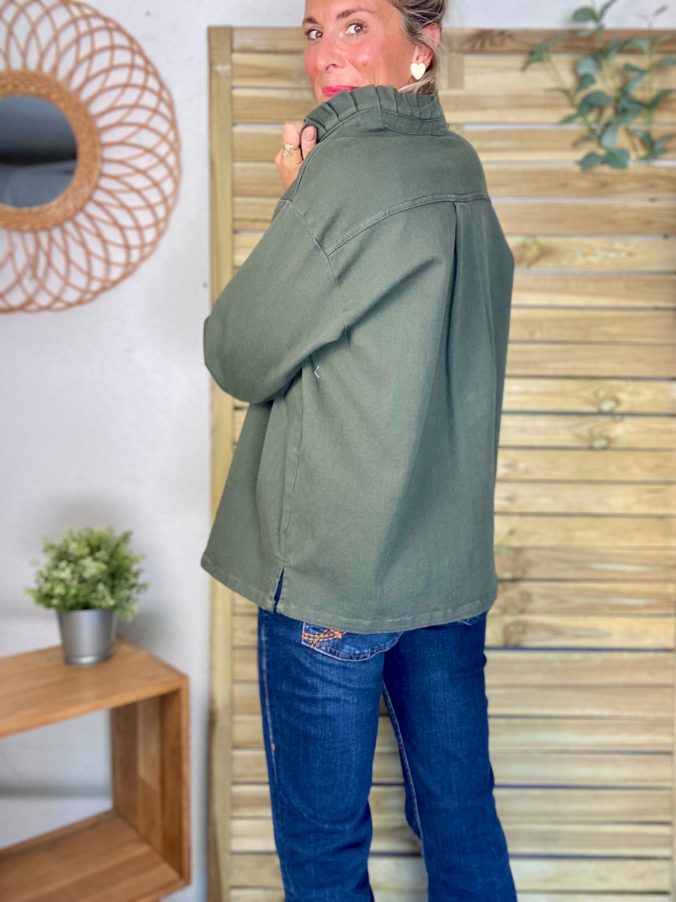 Veste / Chemise en coton, col volanté Kaki LISON