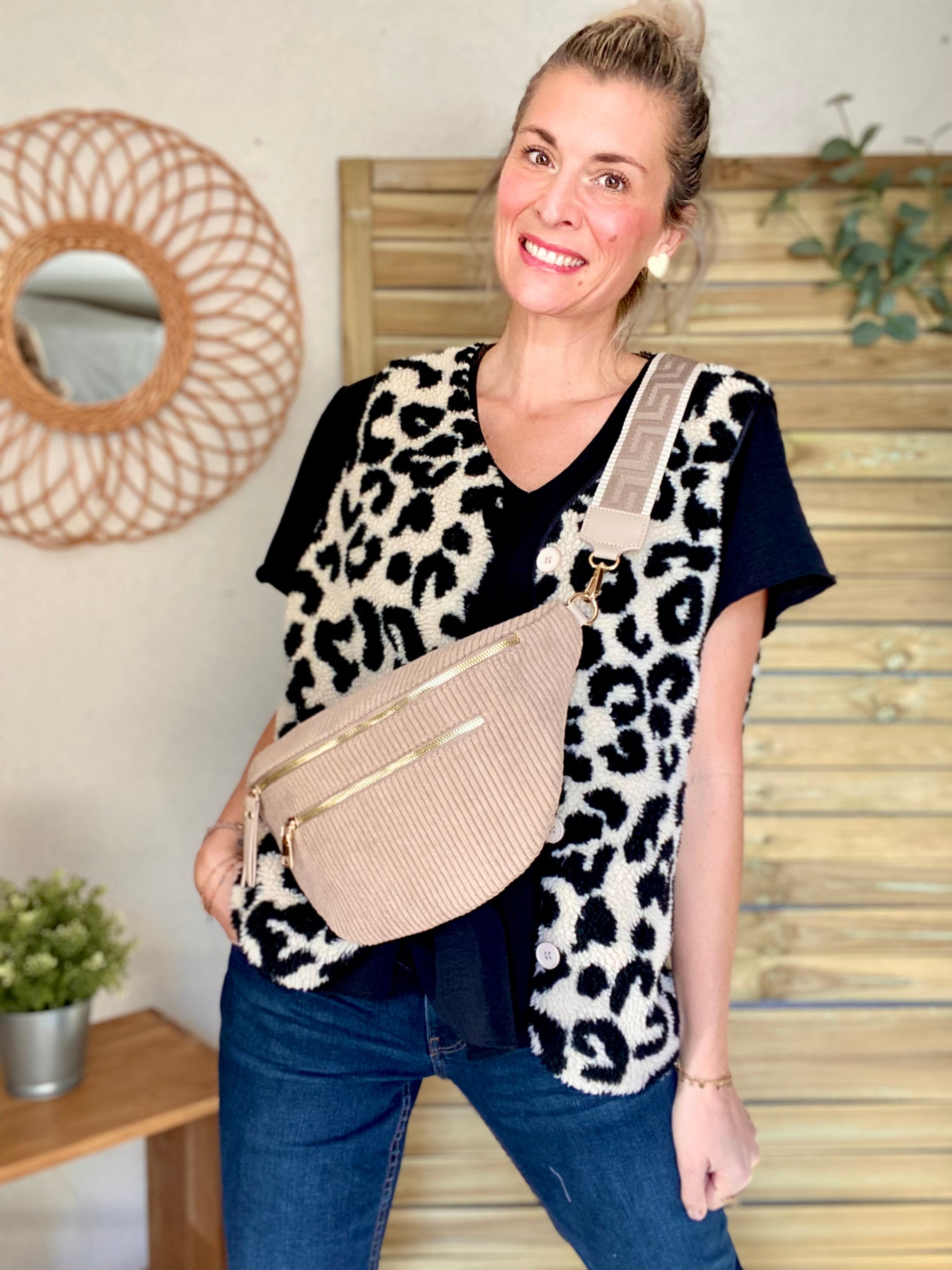 Sac banane XL en velours côtelé 2 zips et sangle fantaisie - WENDY - Taupe