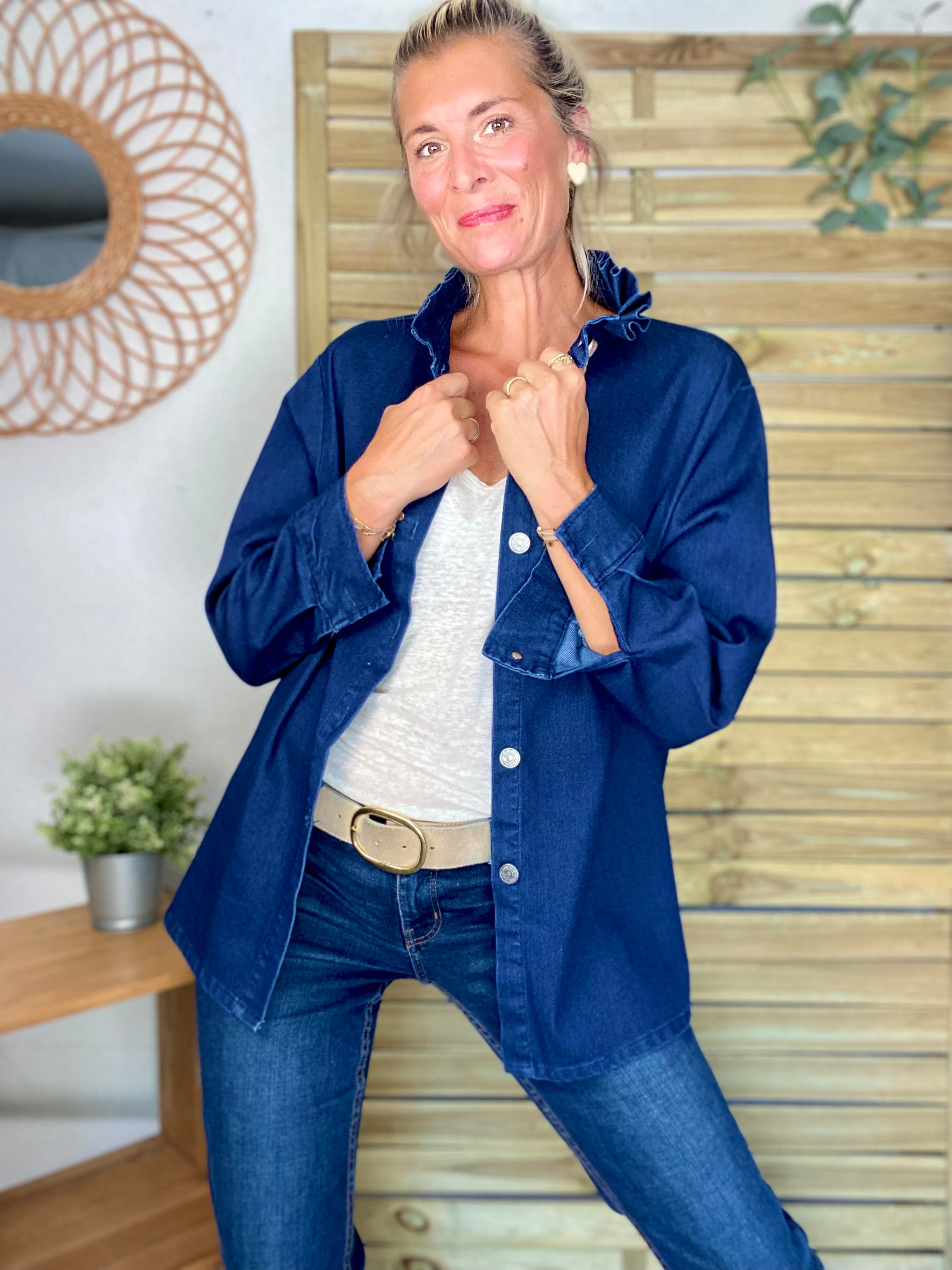 Veste / Chemise en coton, col volanté Bleu Jean LISON