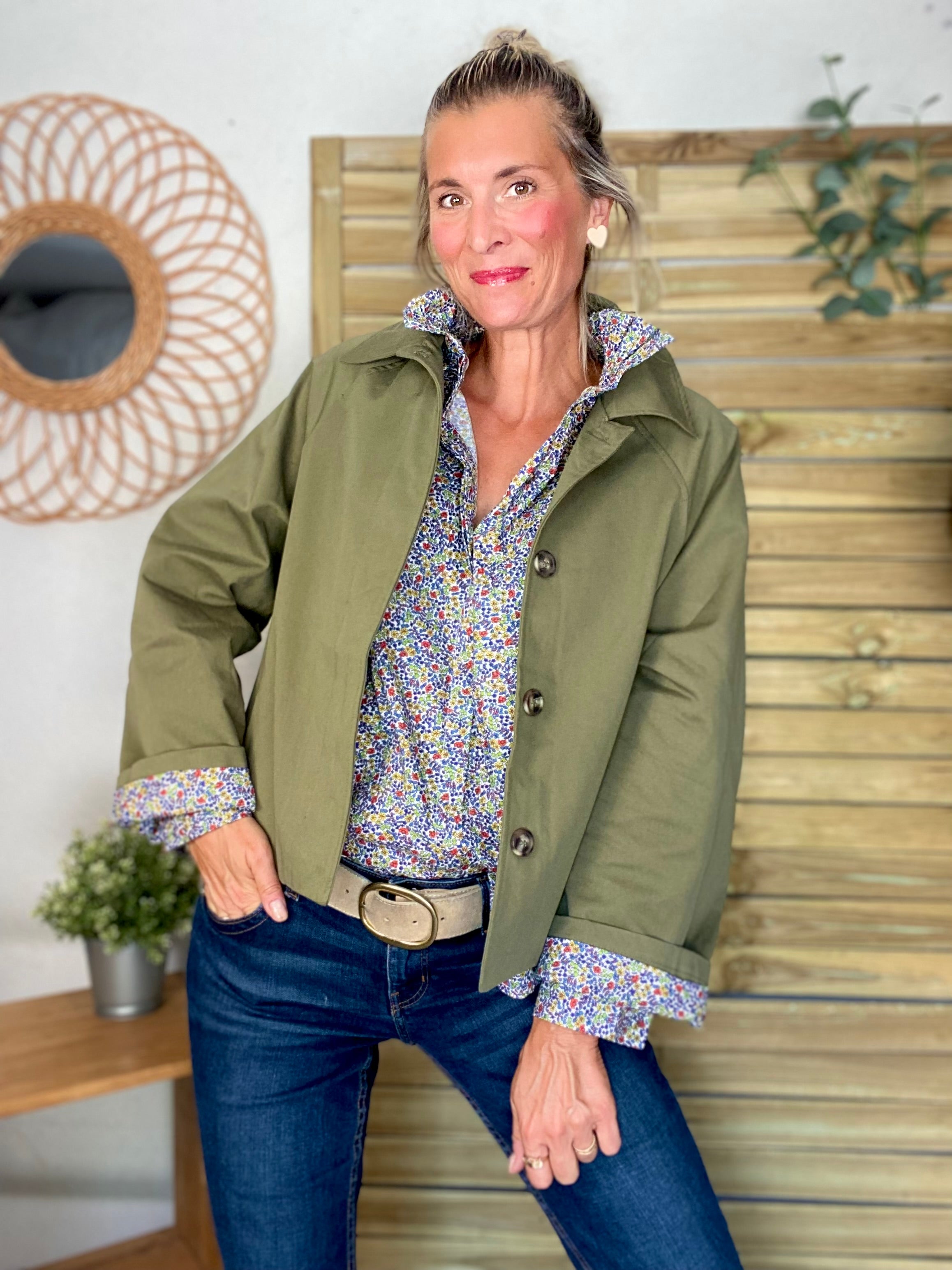Veste Trench en coton kaki avec Liberty - MAHAUT