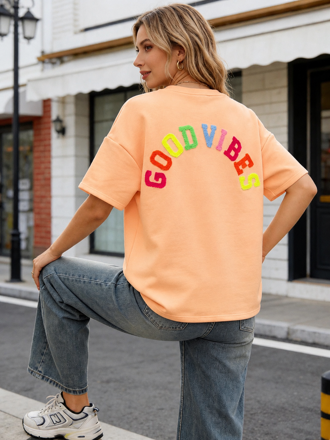 Tee shirt GOOD VIBES matière sweat - ALESSIA Pêche