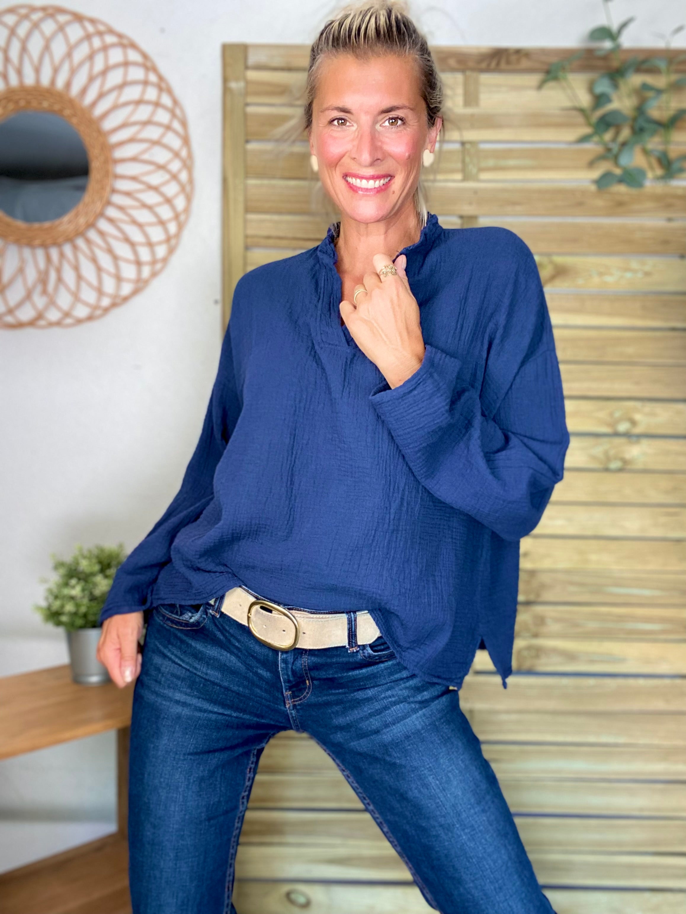 Blouse en gaze de coton SIERRA Bleu marine - manches longues