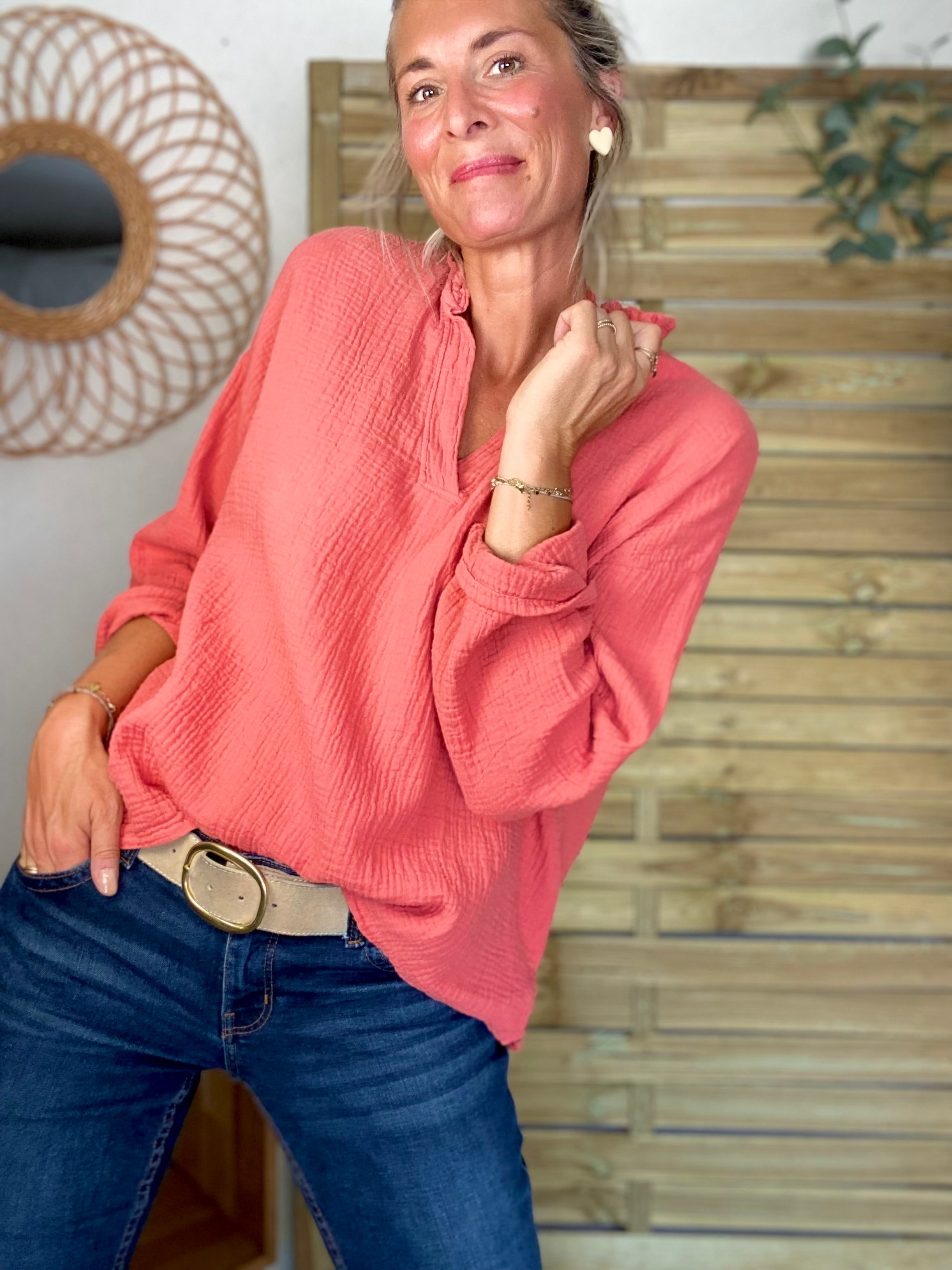 Blouse en gaze de coton SIERRA Terracotta - manches longues