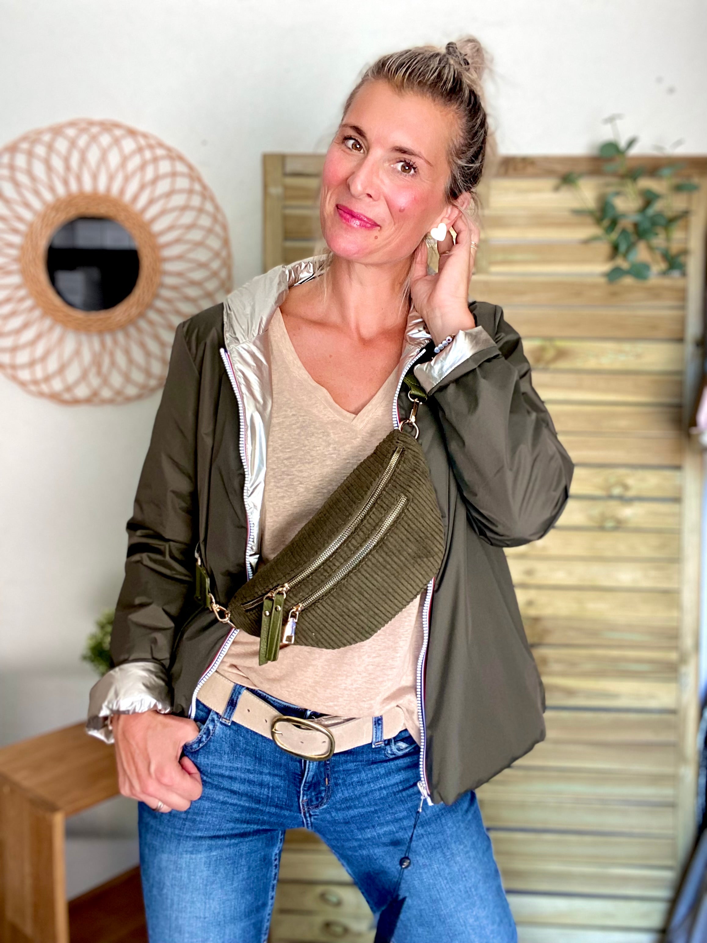 Sac banane en velours côtelé 2 zips et sangle fantaisie - CHARLY - Kaki (côtelé large)