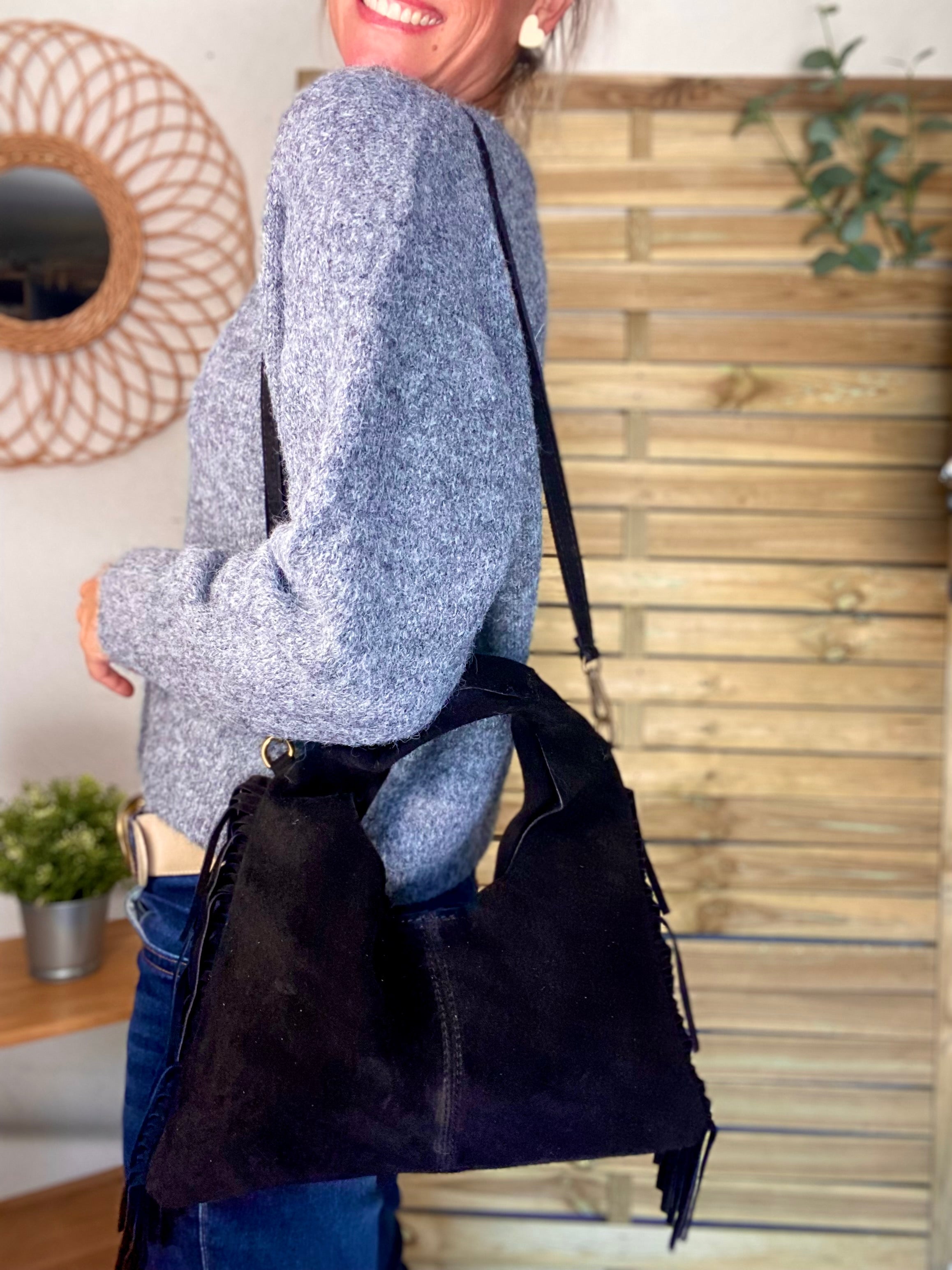 Sac en cuir daim avec franges AARON - Noir