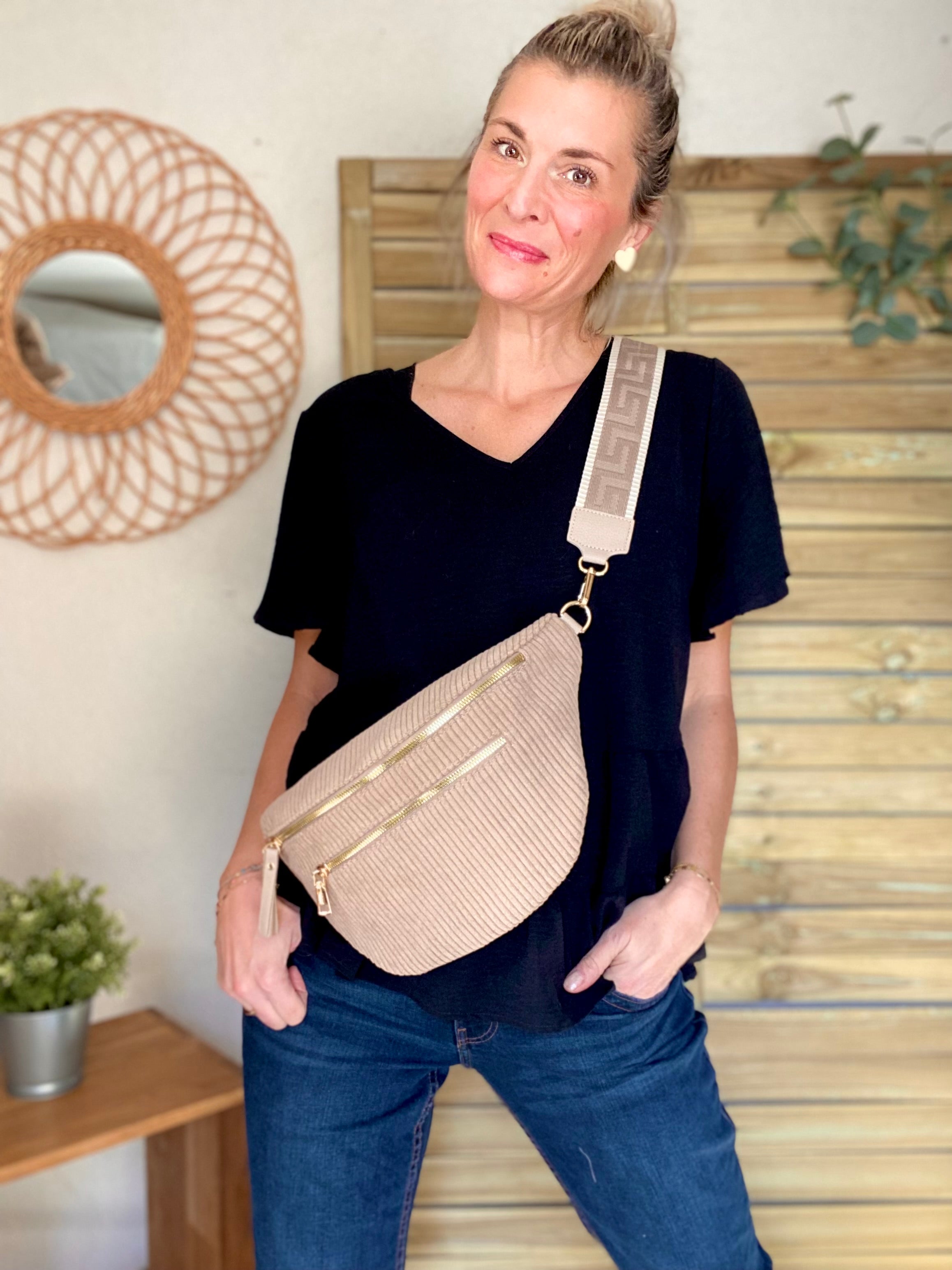 Sac banane XL en velours côtelé 2 zips et sangle fantaisie - WENDY - Taupe