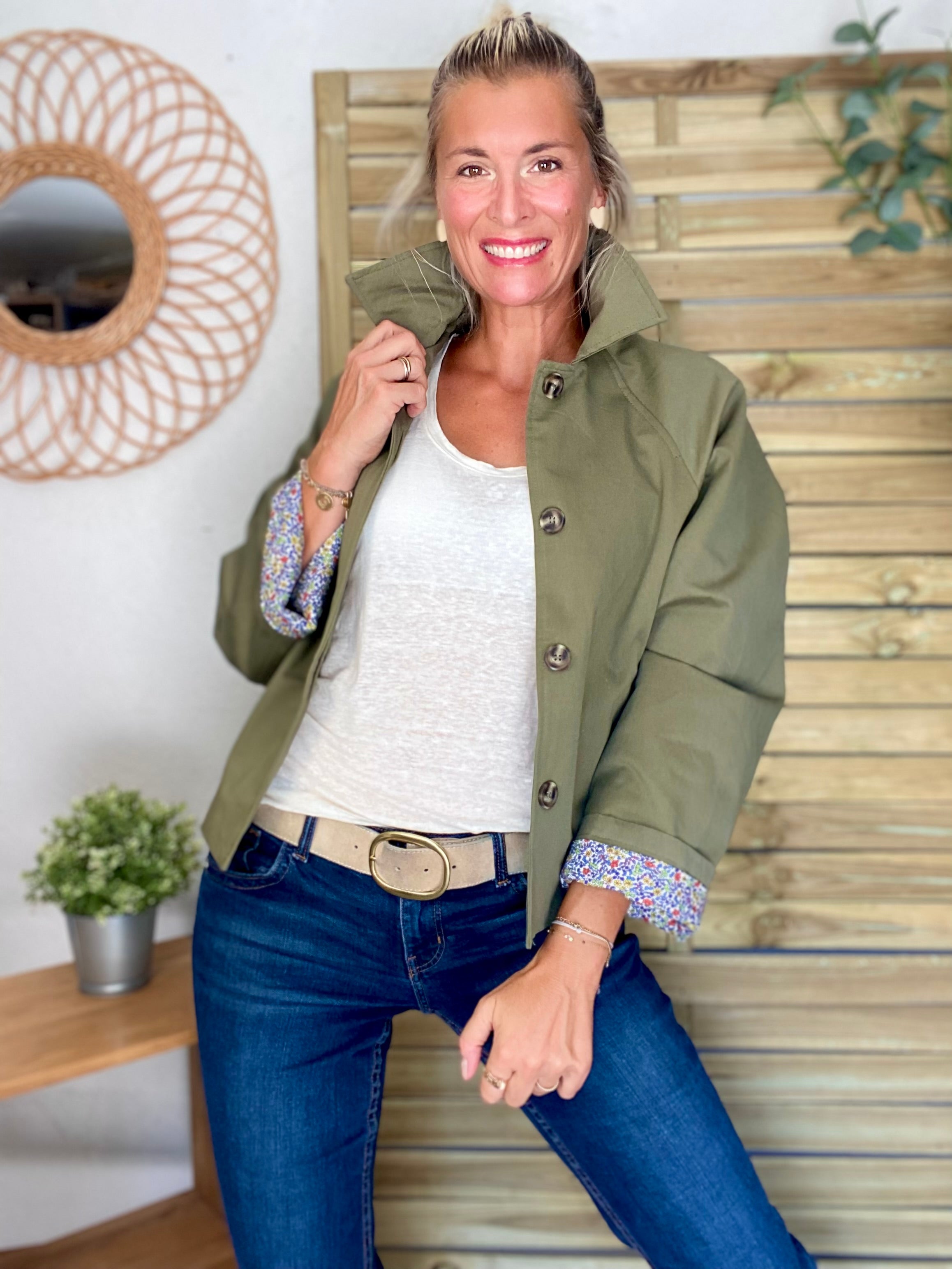 Veste Trench en coton kaki avec Liberty - MAHAUT