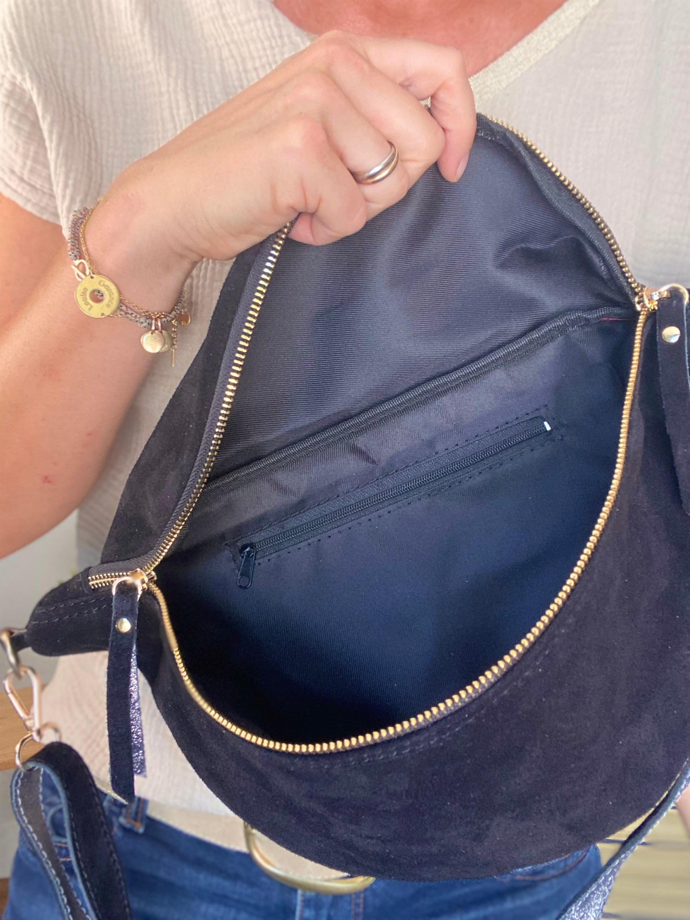 Sac banane XL en croite de cuir - JANE - Noir