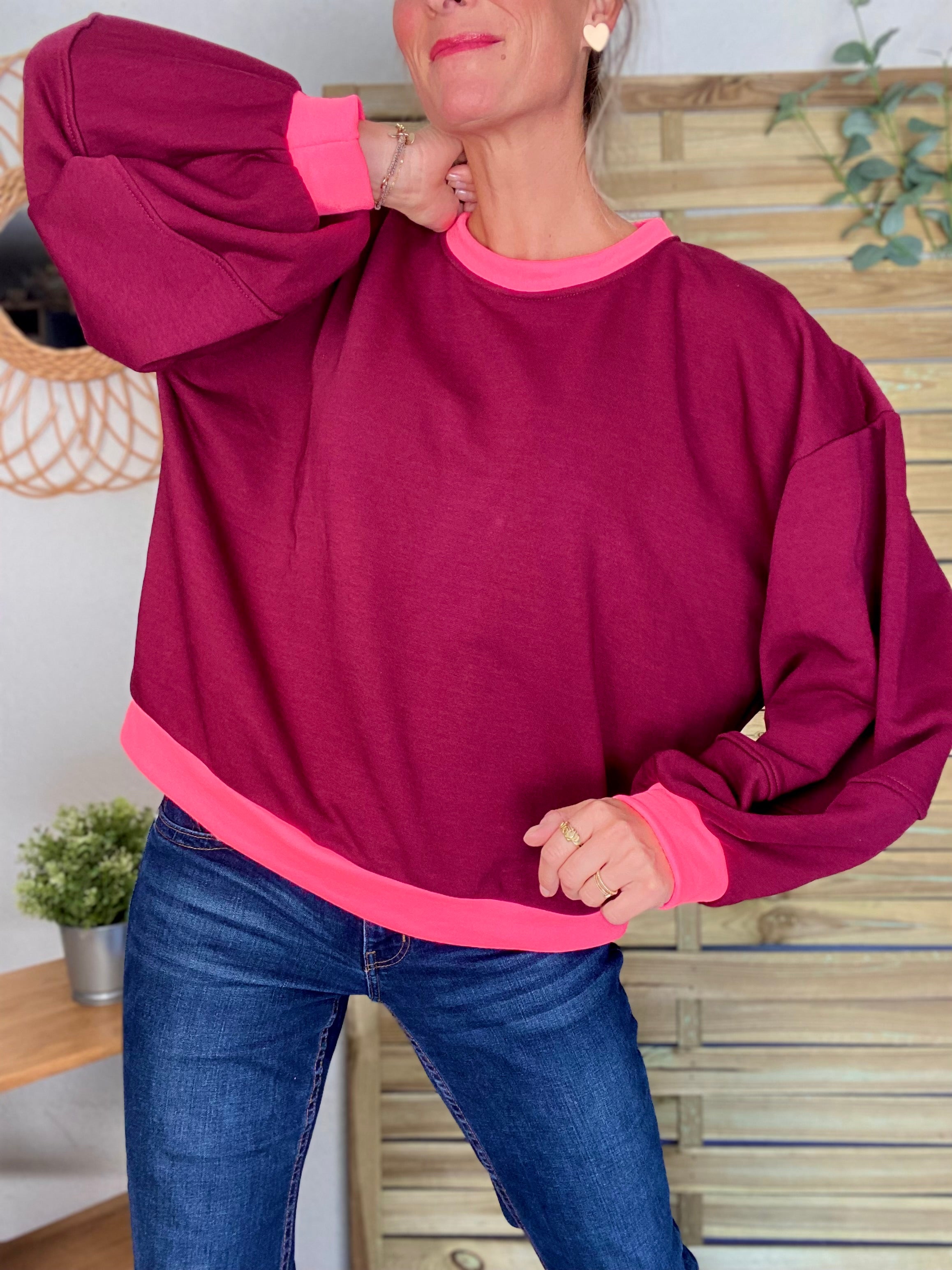 Sweat oversize uni Bordeaux/Rose fluo ISALINE