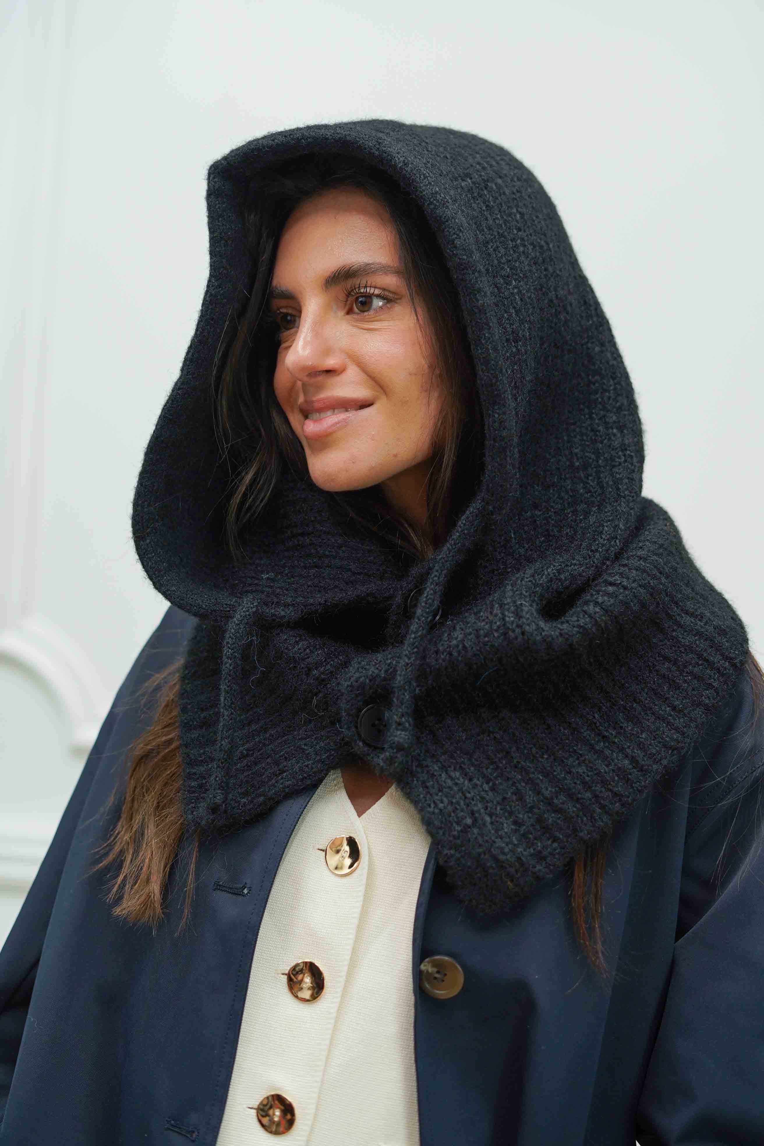 Col cagoule LORIE en maille avec bouton - Noir