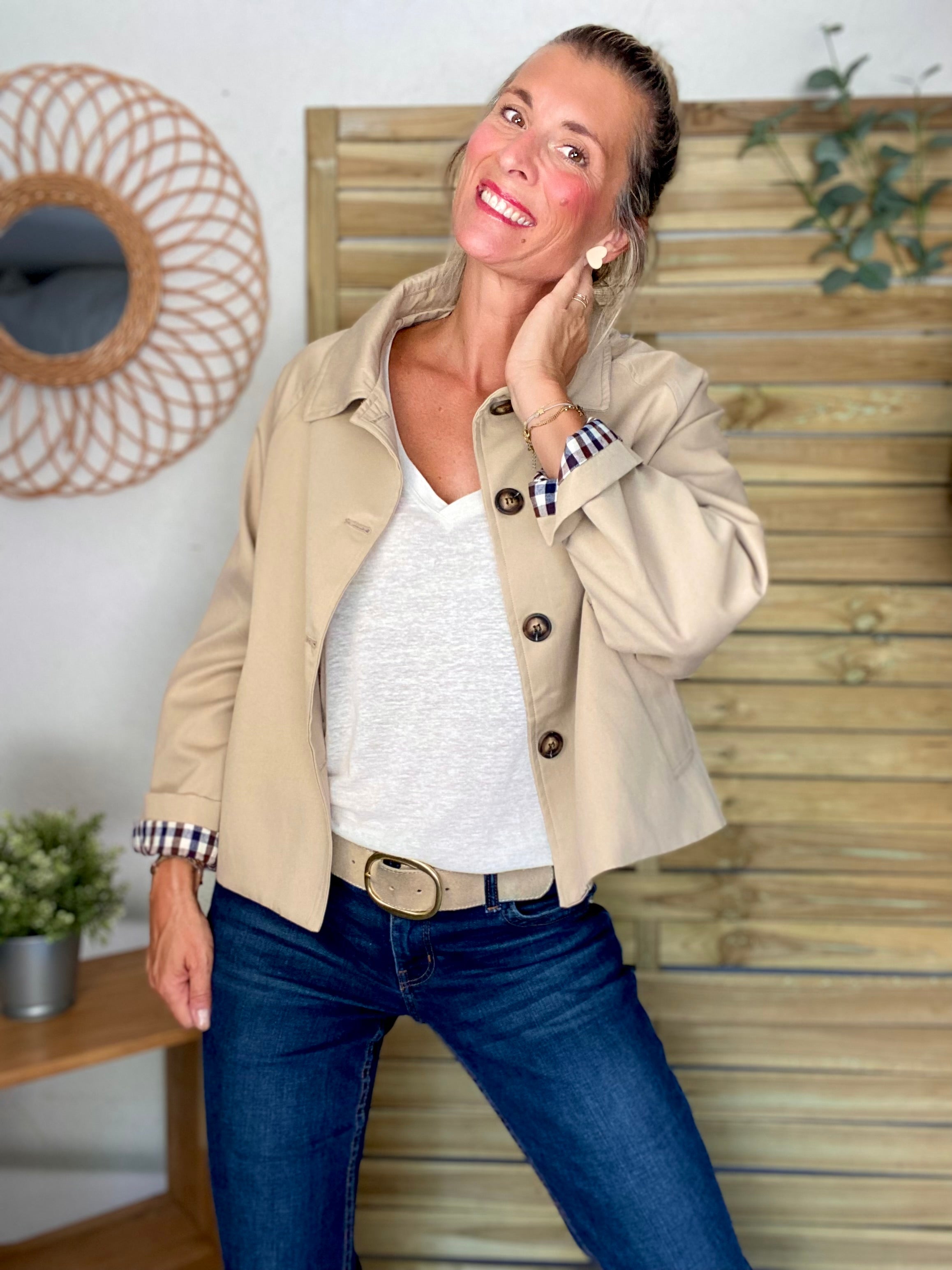 Veste Trench en coton beige avec vichy - YSEULT