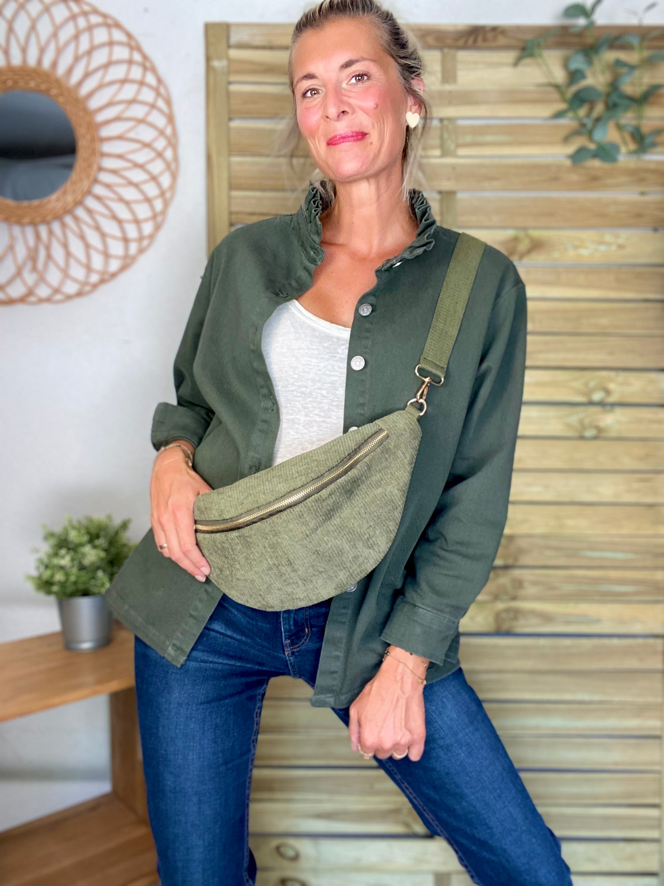Veste / Chemise en coton, col volanté Kaki LISON