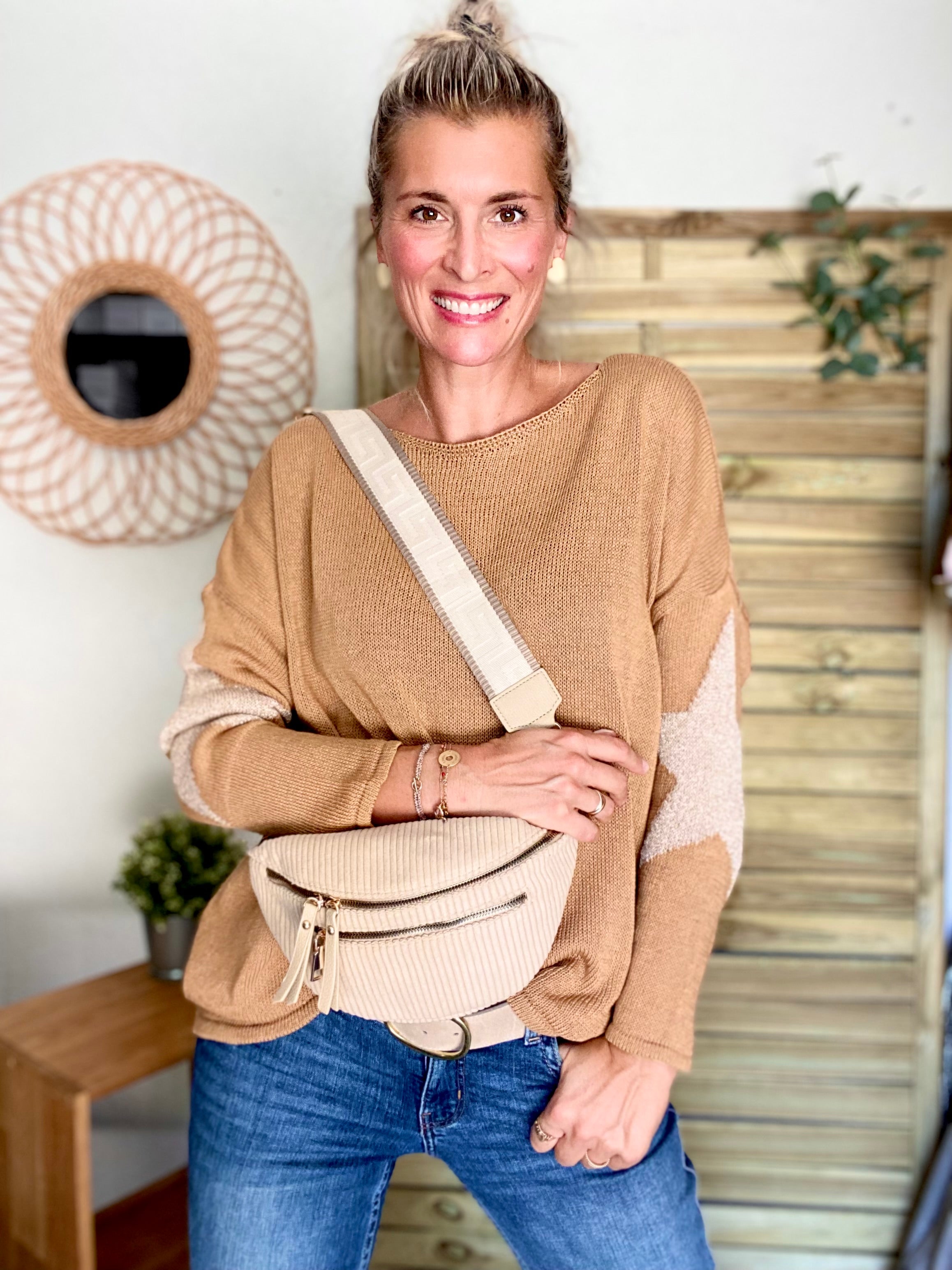 Sac banane en velours côtelé 2 zips et sangle fantaisie - CHARLY - Beige moyen (côtelé large)