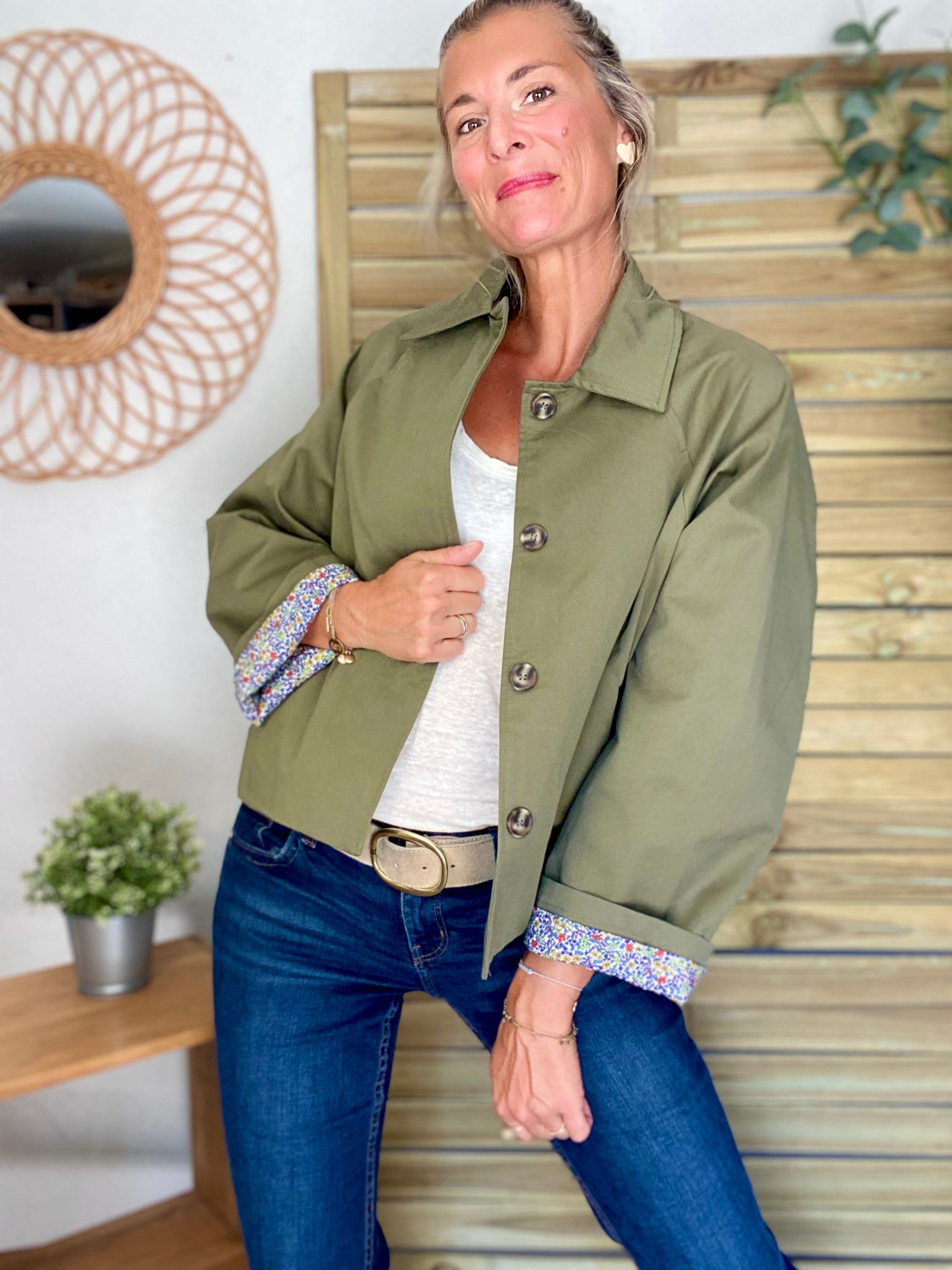 Veste Trench en coton kaki avec Liberty - MAHAUT