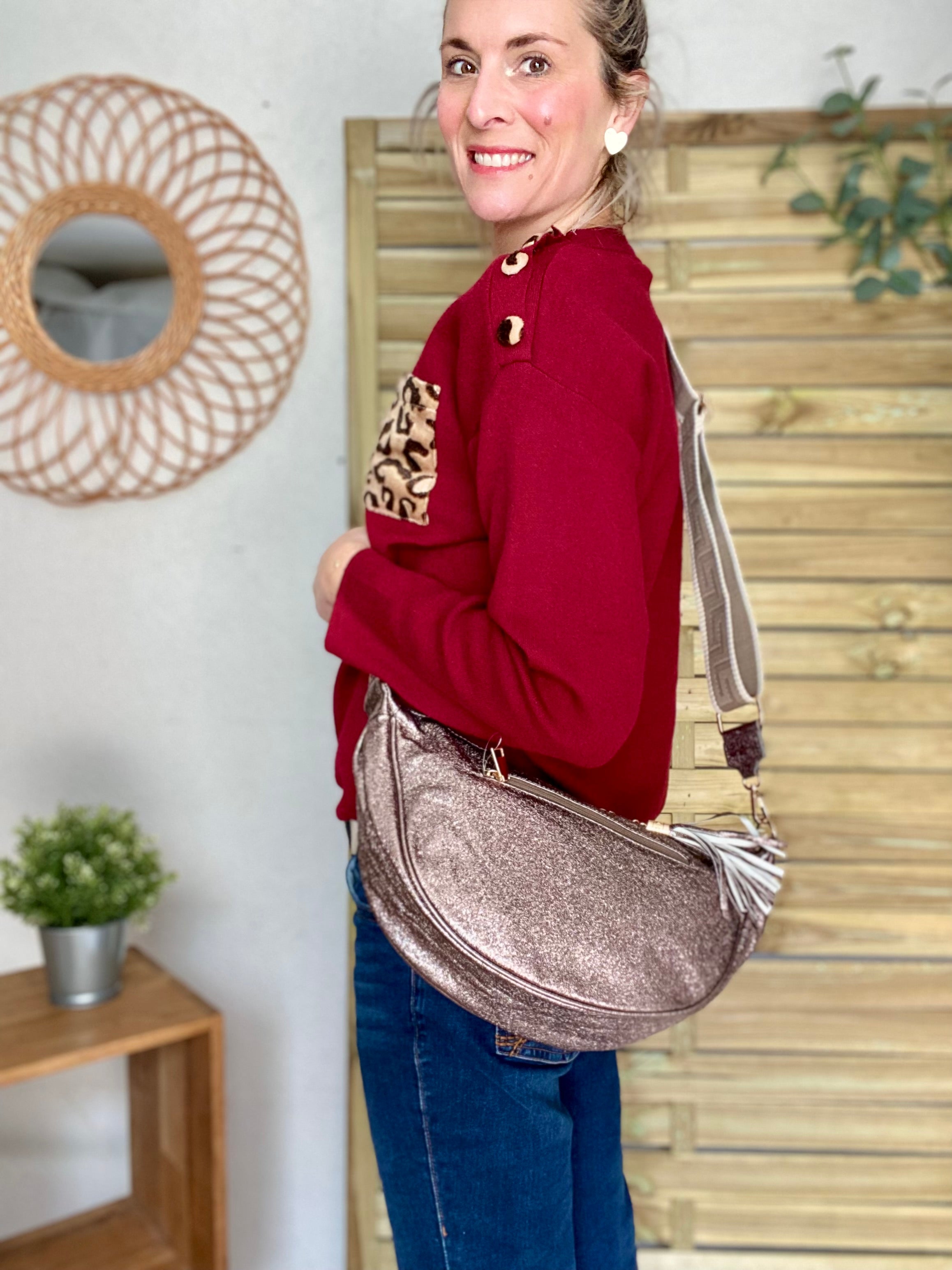 Sac besace demi-lune XL irisé, sangle fantaisie - AMY - Bronze