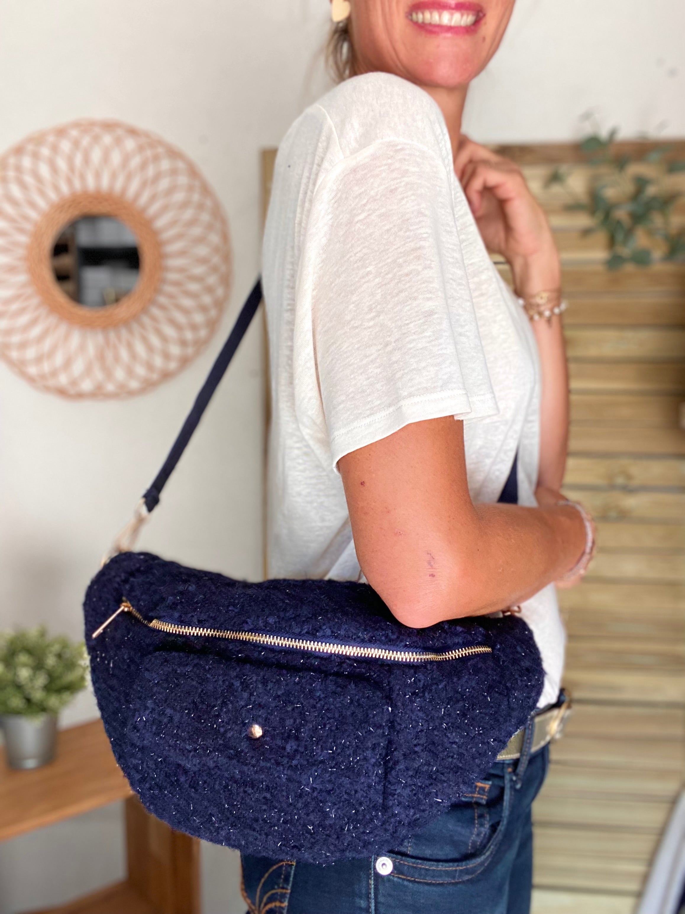 Sac banane XL moumoute lurex avec poche avant - CHELSEA - Marine