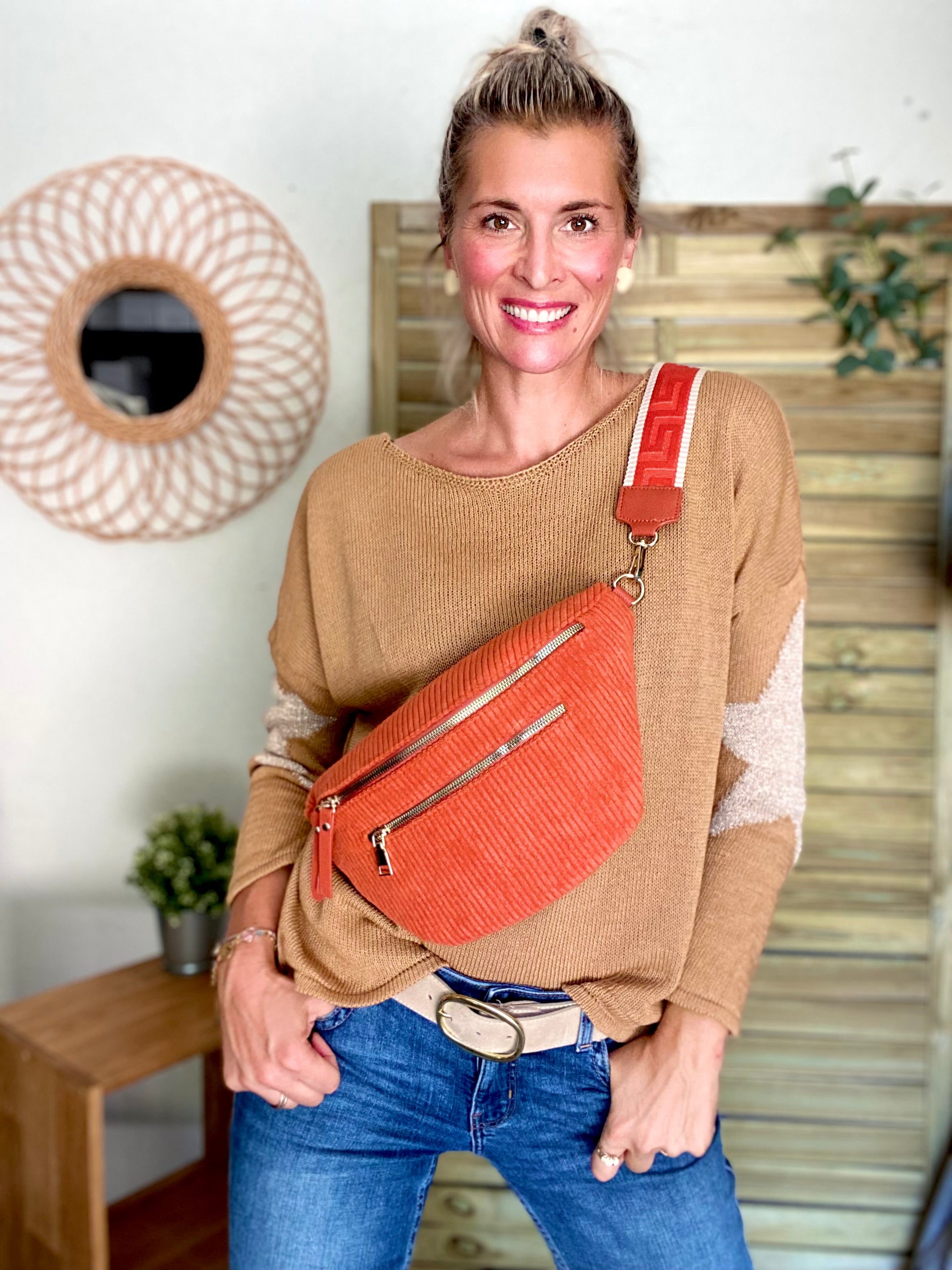 Sac banane XL en velours côtelé 2 zips et sangle fantaisie - WENDY - Brique
