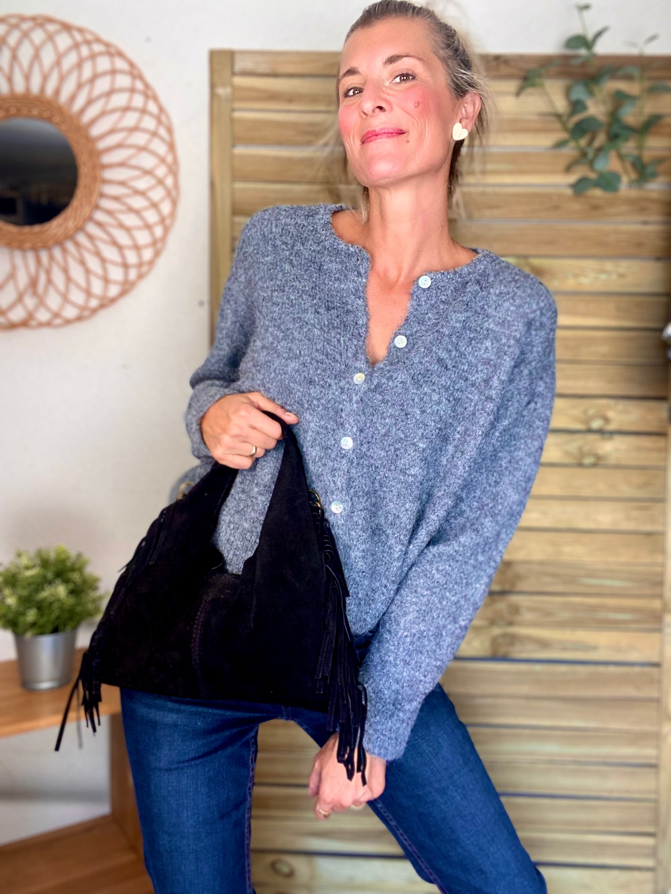 Sac en cuir daim avec franges AARON - Noir