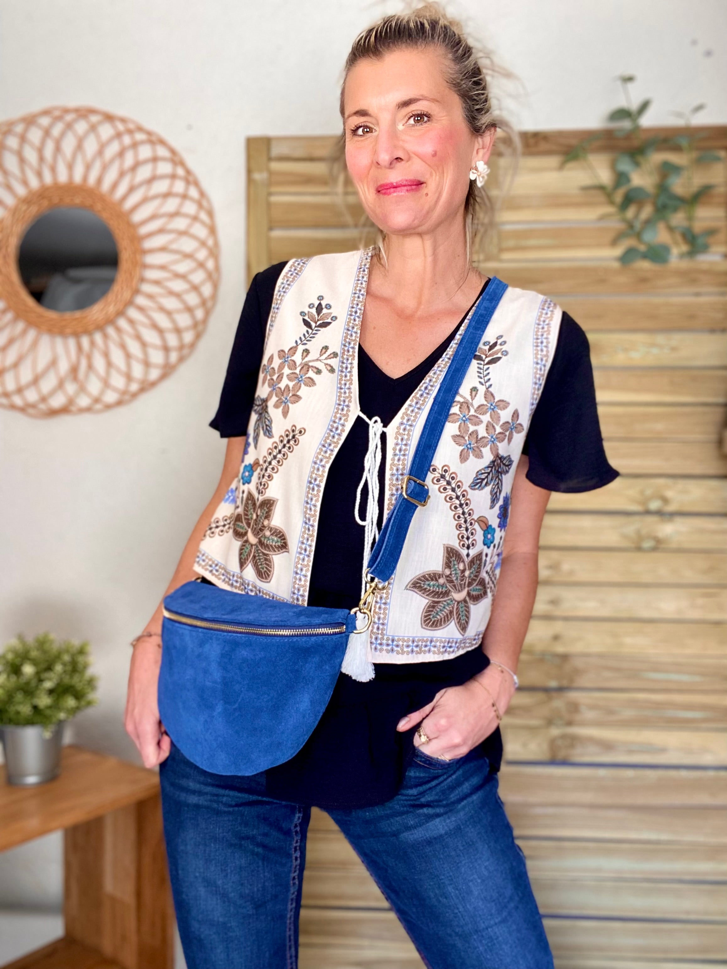 Gilet boléro fleuri Camel bleu MAXINE