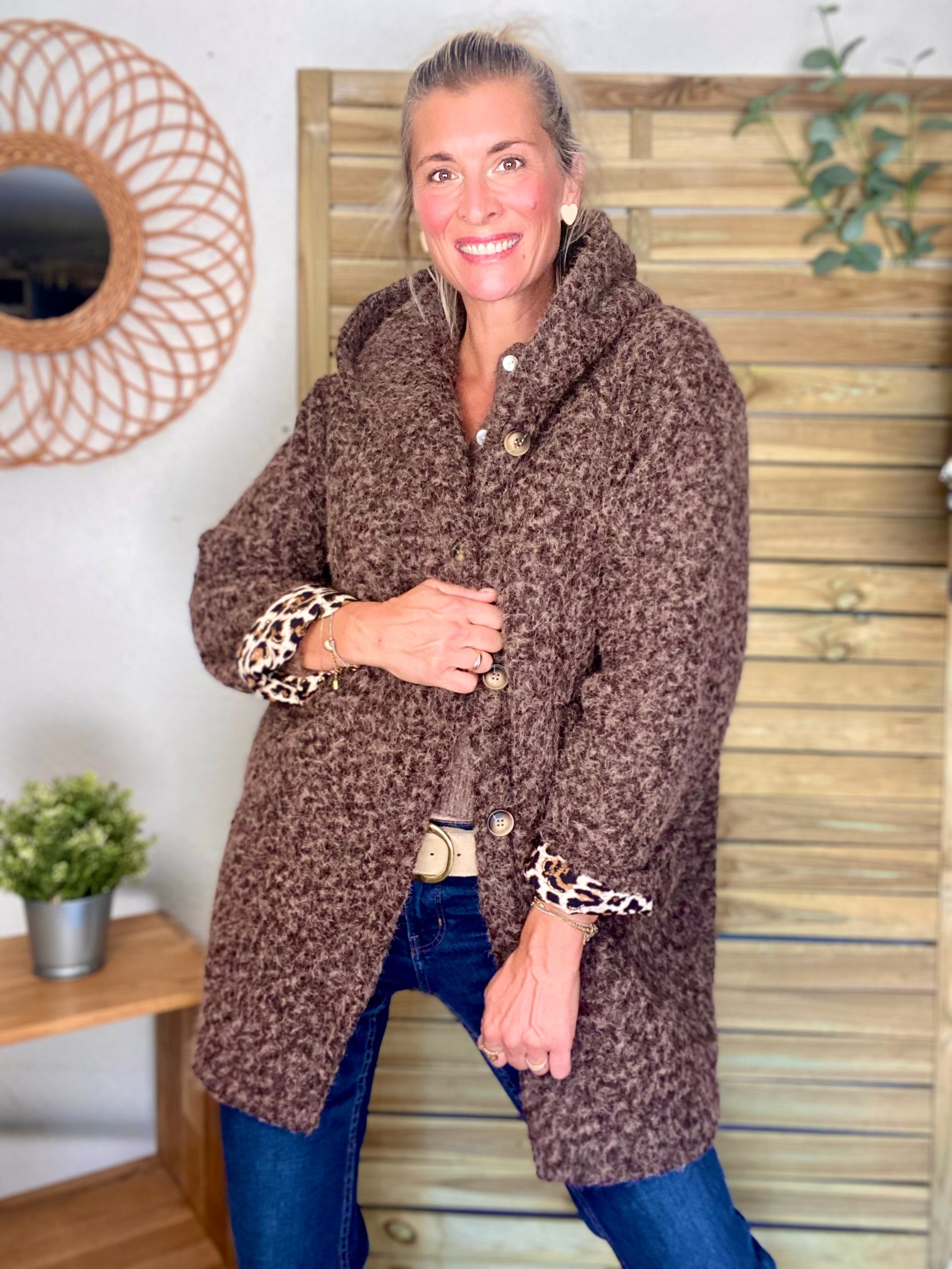 Manteau en laine EUGÉNIE avec détails Léo 🐆 - Chocolat
