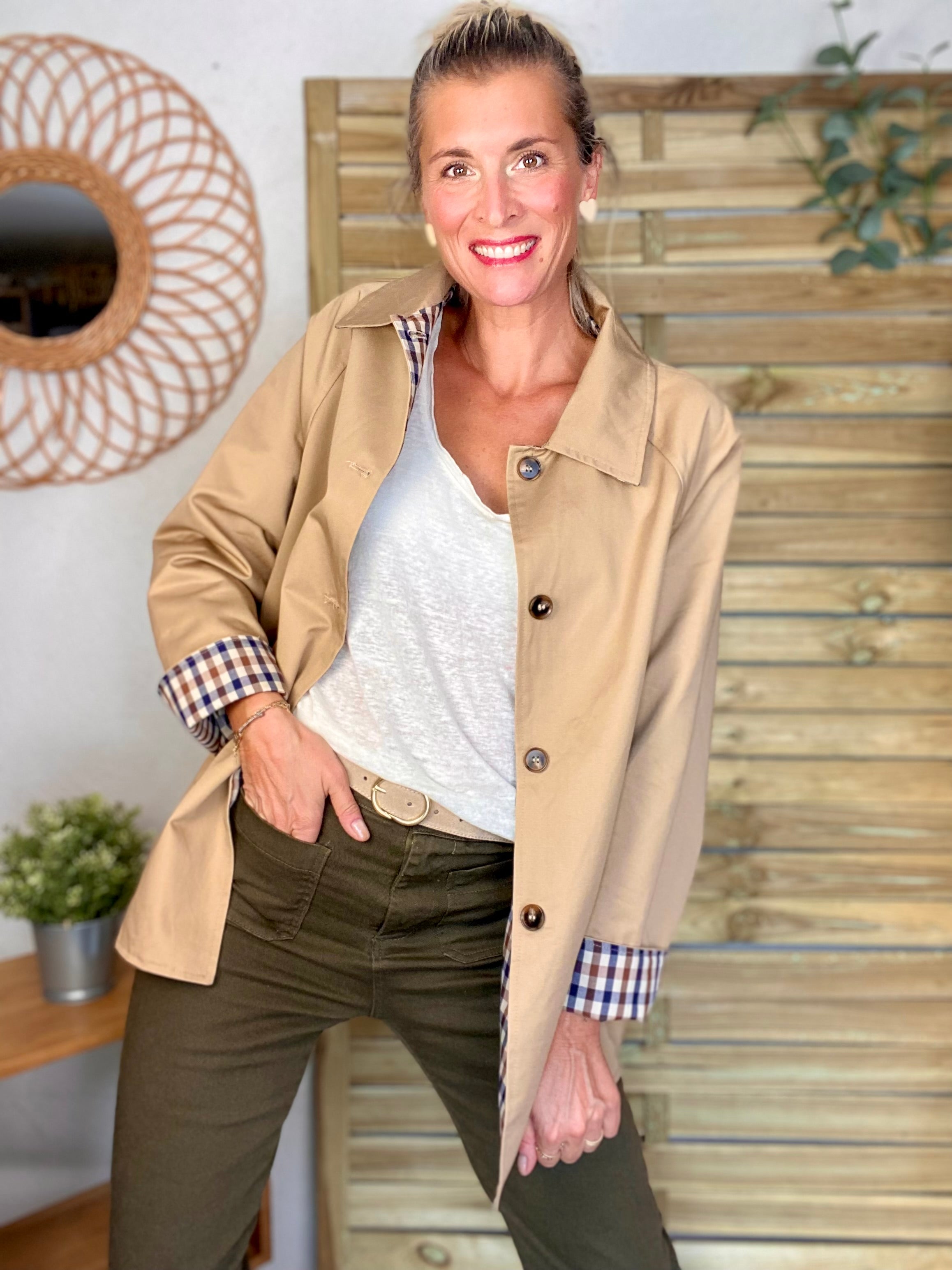 Veste Trench mi long réversible vichy LENA - Camel clair