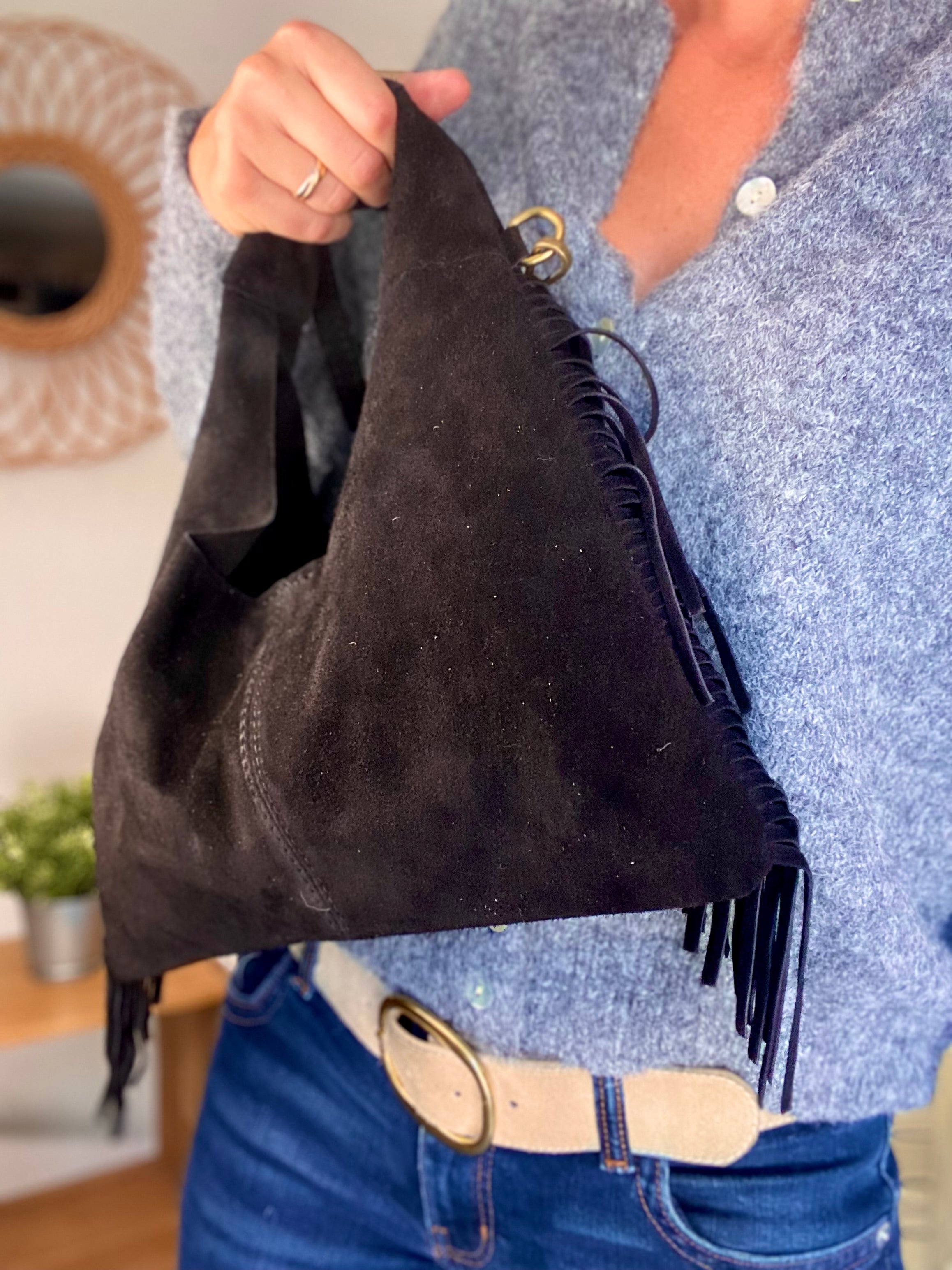 Sac en cuir daim avec franges AARON - Noir