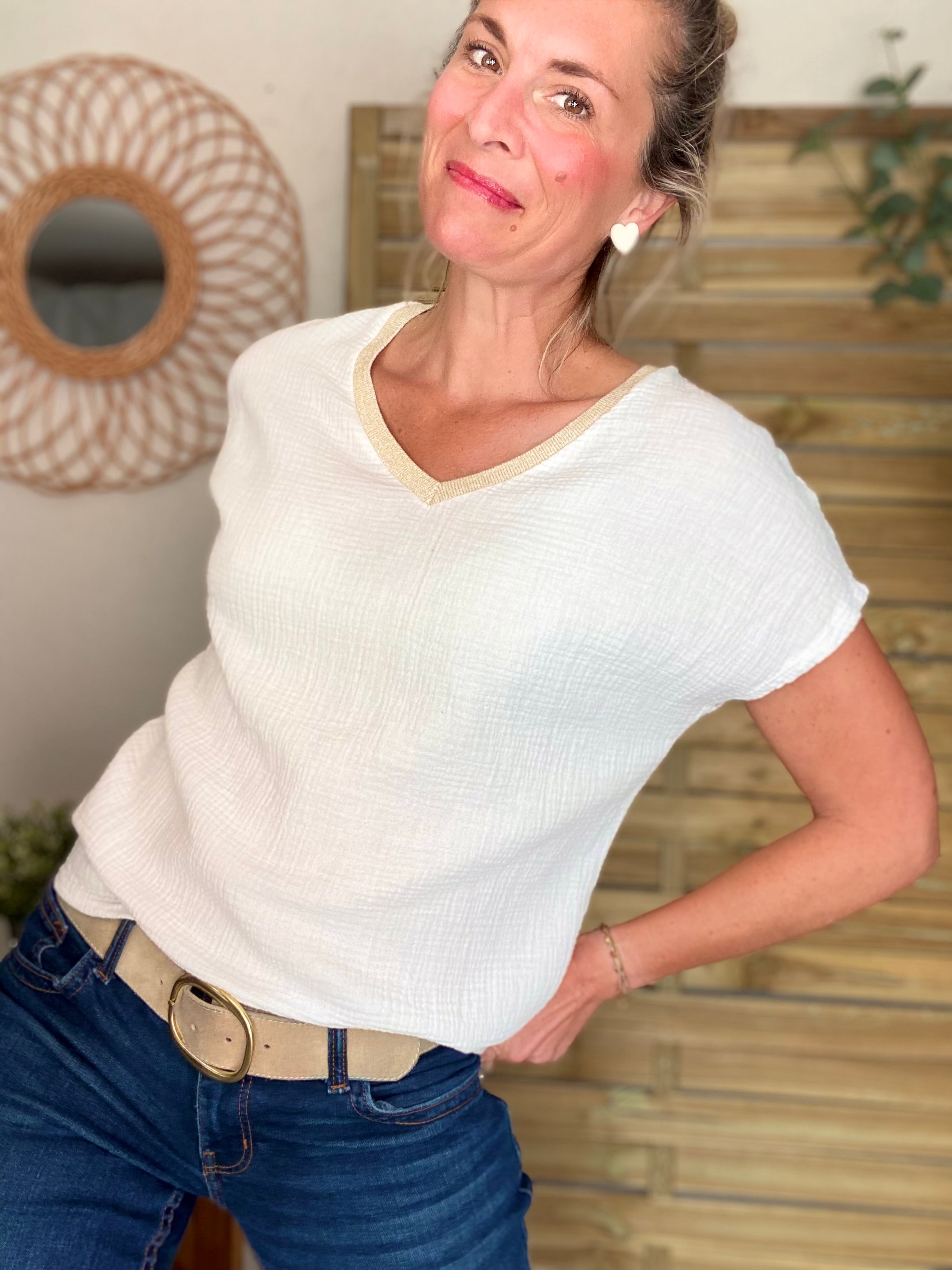 Précommande Expédition mi mai - Top en gaze de coton et lurex MARTA - Blanc