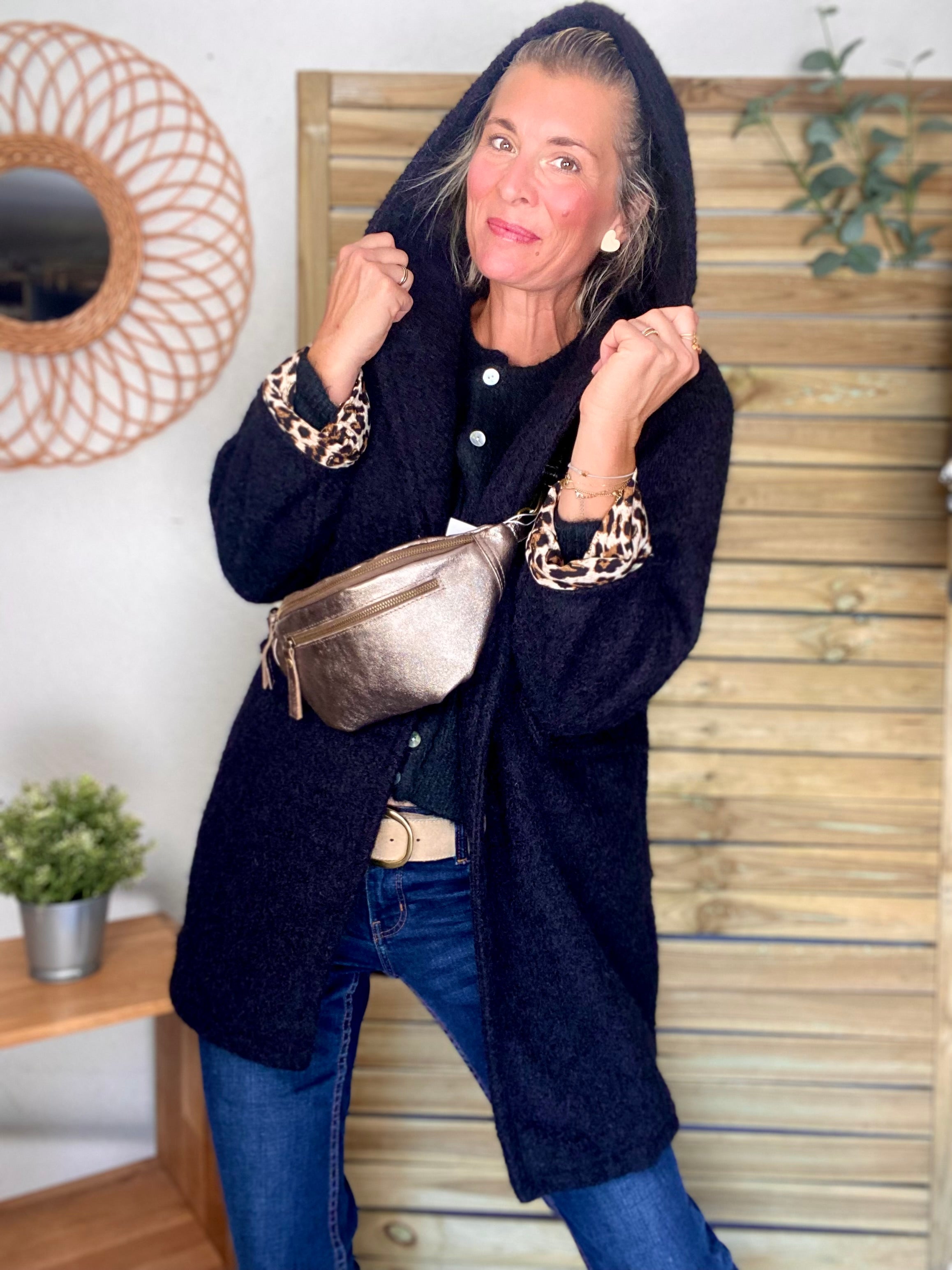 Manteau en laine EUGÉNIE avec détails Léo 🐆 - Noir