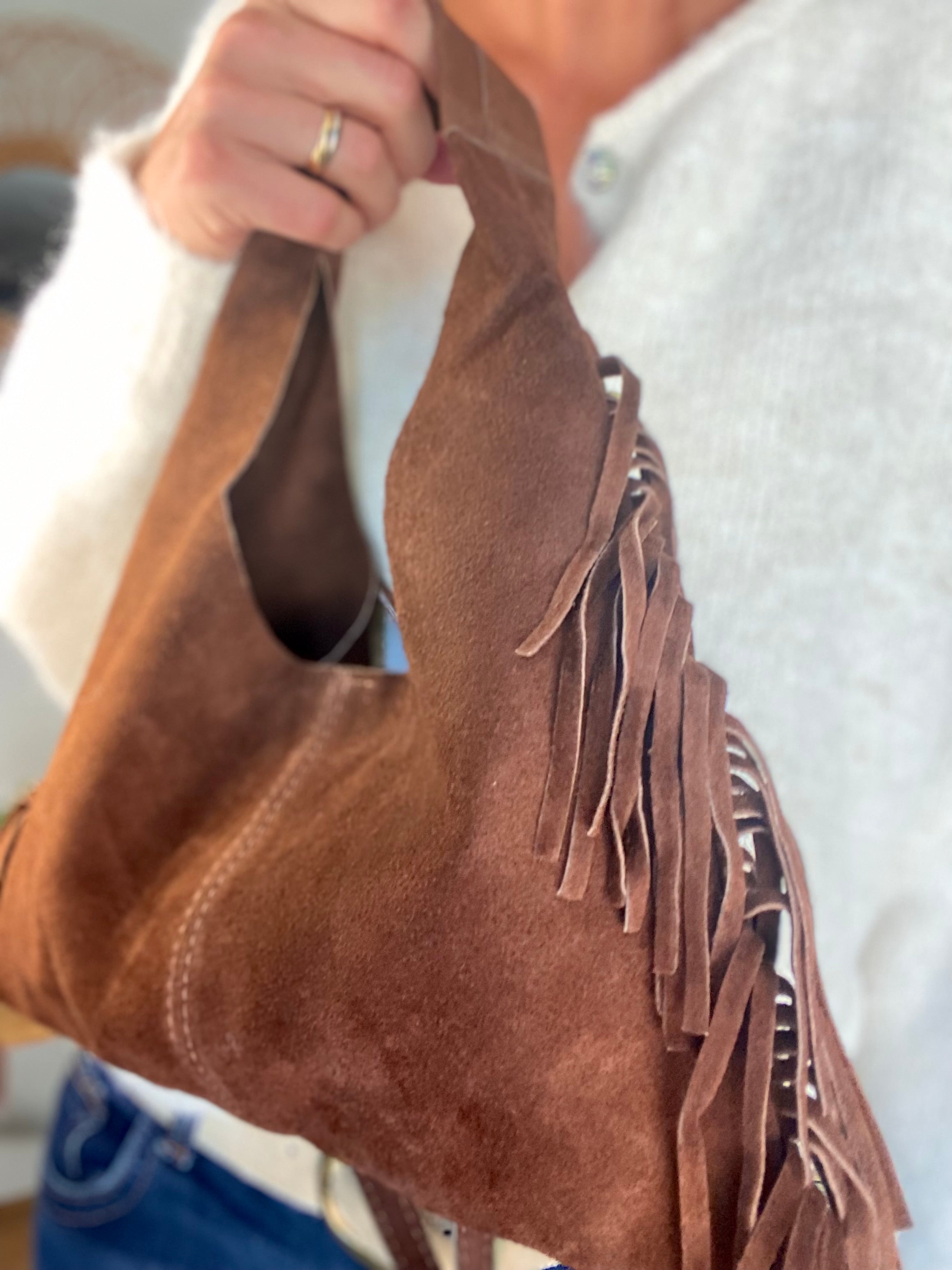 Sac en cuir daim avec franges AARON - Chocolat