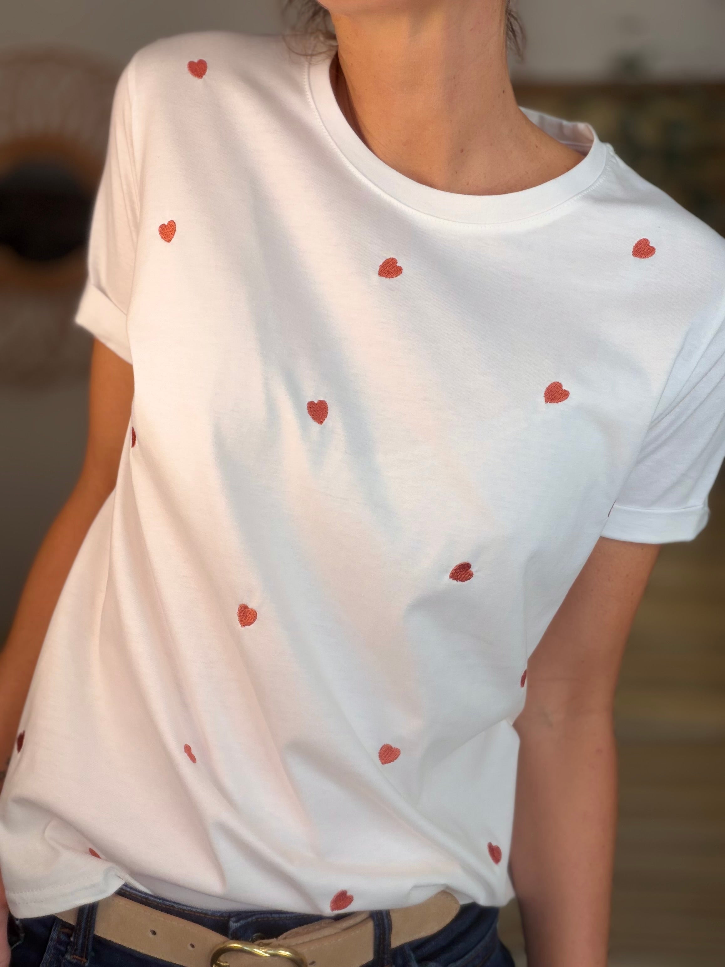 *** IMPERFECTION - Tee shirt cœurs brodés cuivre rosé 🩷 TESSA (Taille L)