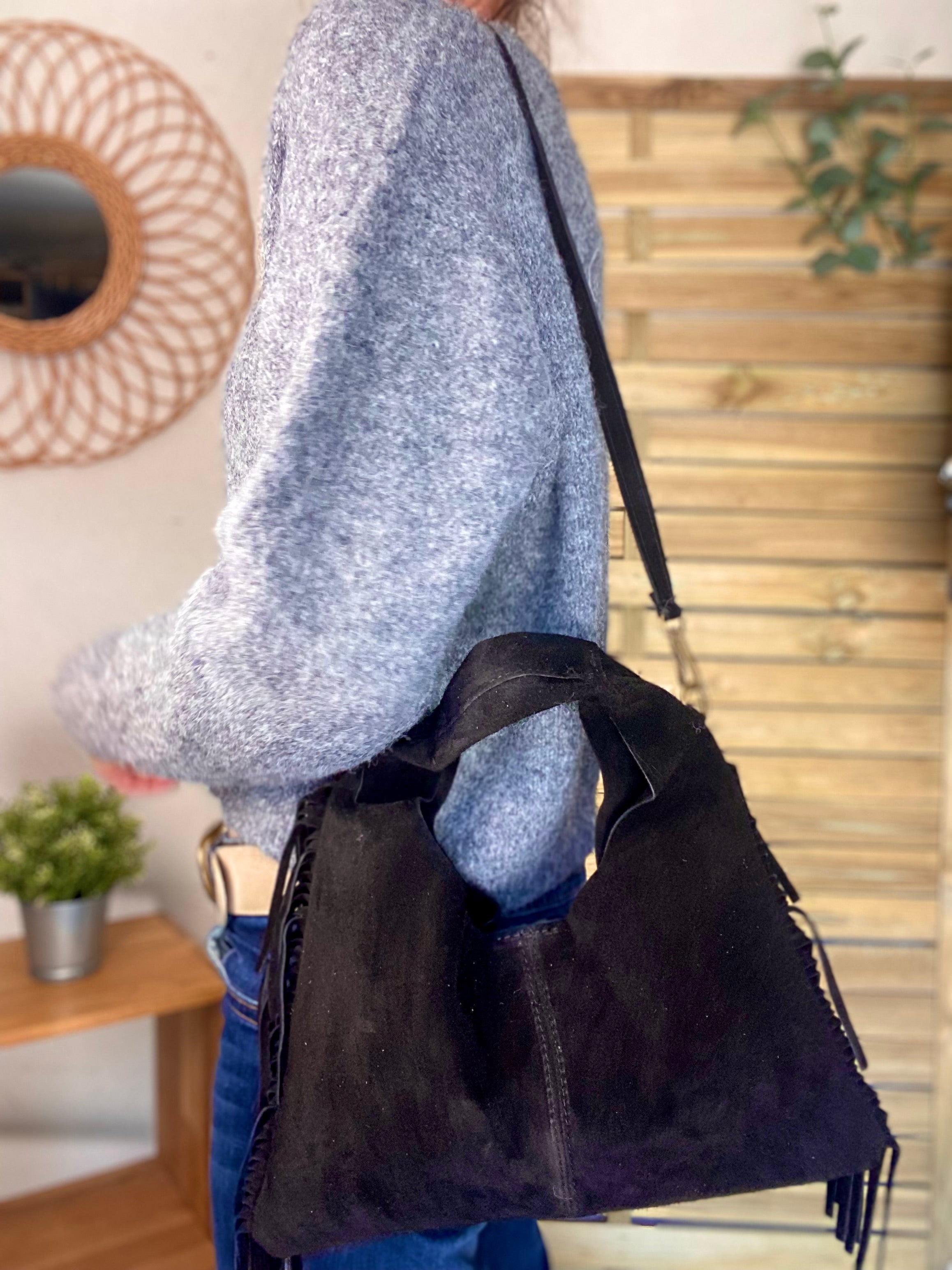 Sac en cuir daim avec franges AARON - Noir