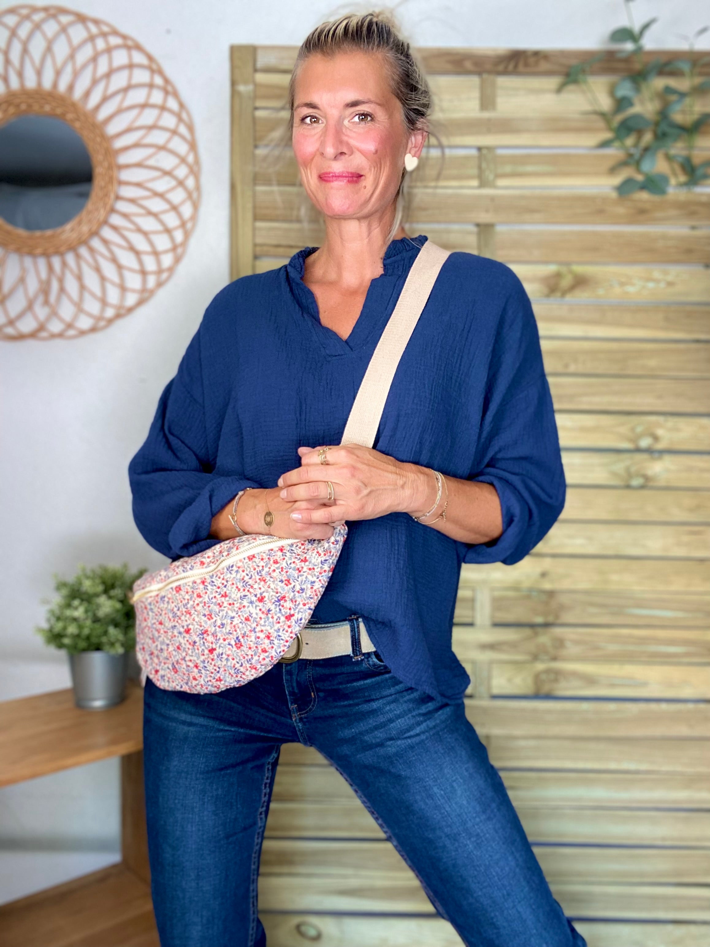 Blouse en gaze de coton SIERRA Bleu marine - manches longues
