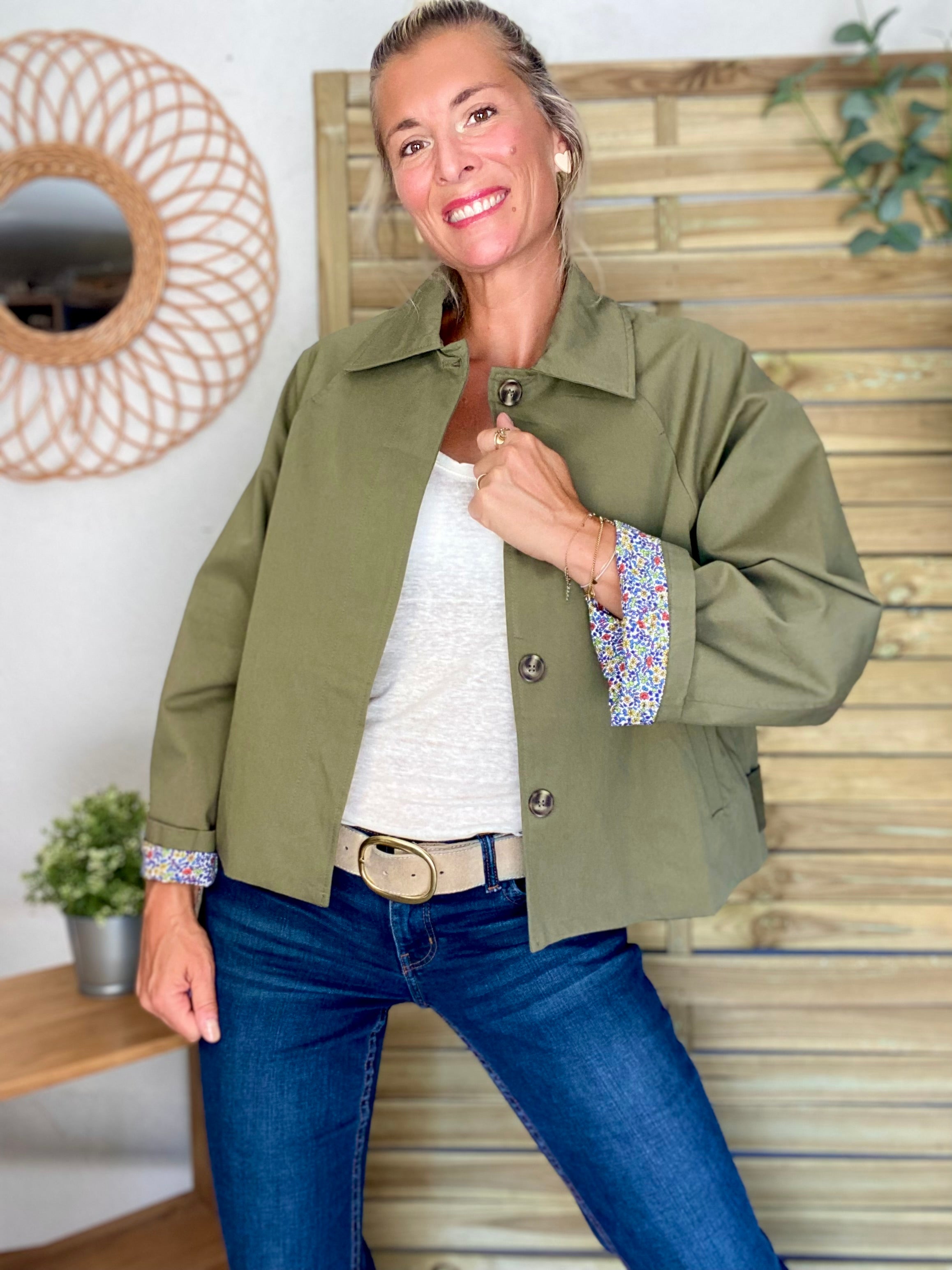 Veste Trench en coton kaki avec Liberty - MAHAUT