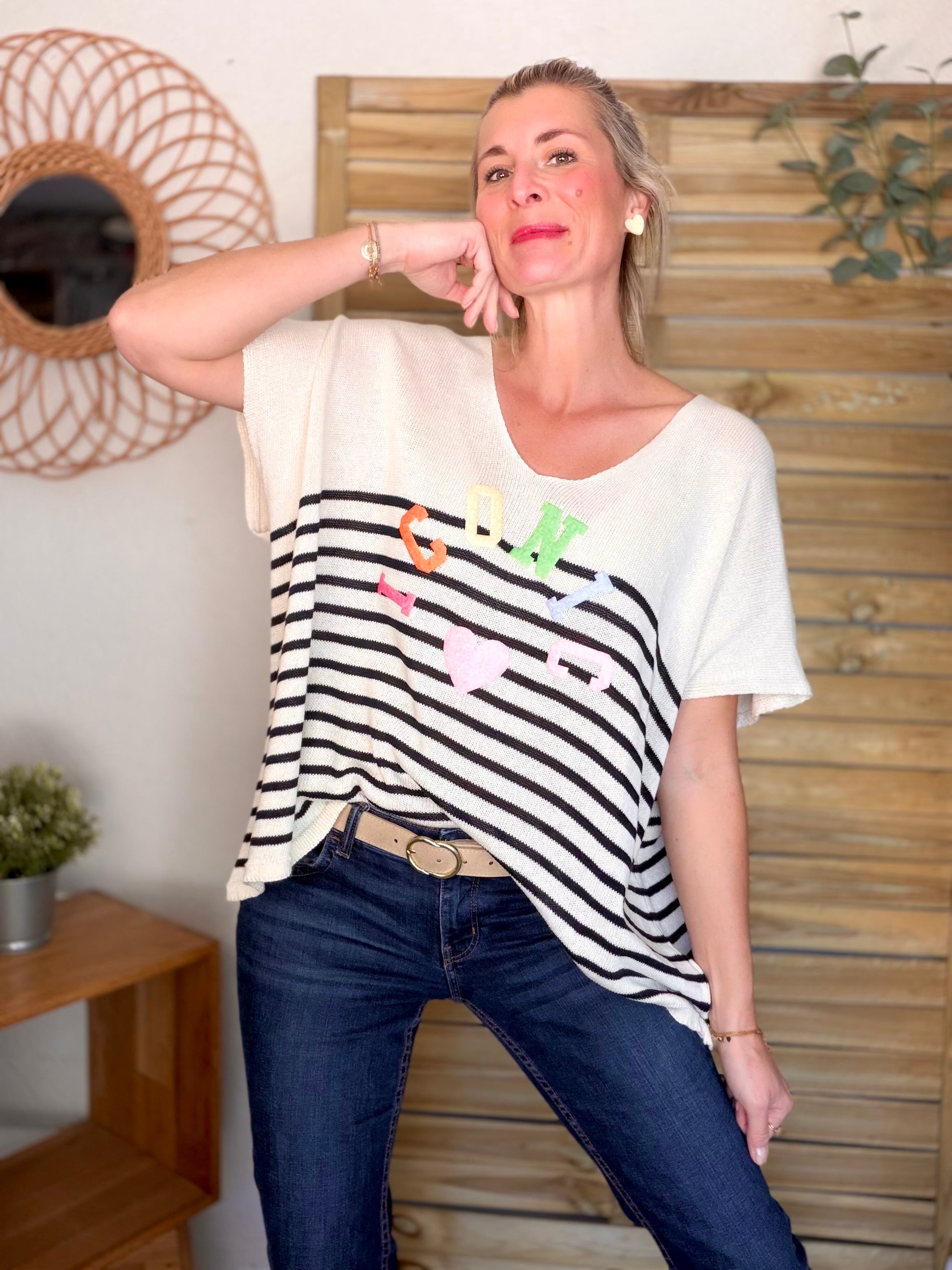 Top col V en maille rayé oversized ICONIC ANISSA Bleu marine