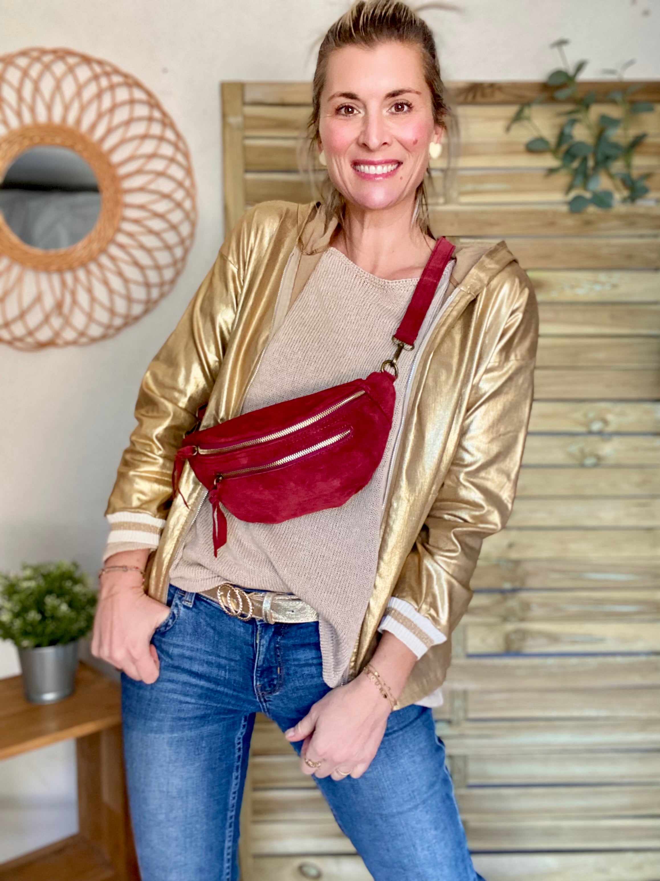 Sac banane double poche en cuir daim - OPALINE - Bordeaux