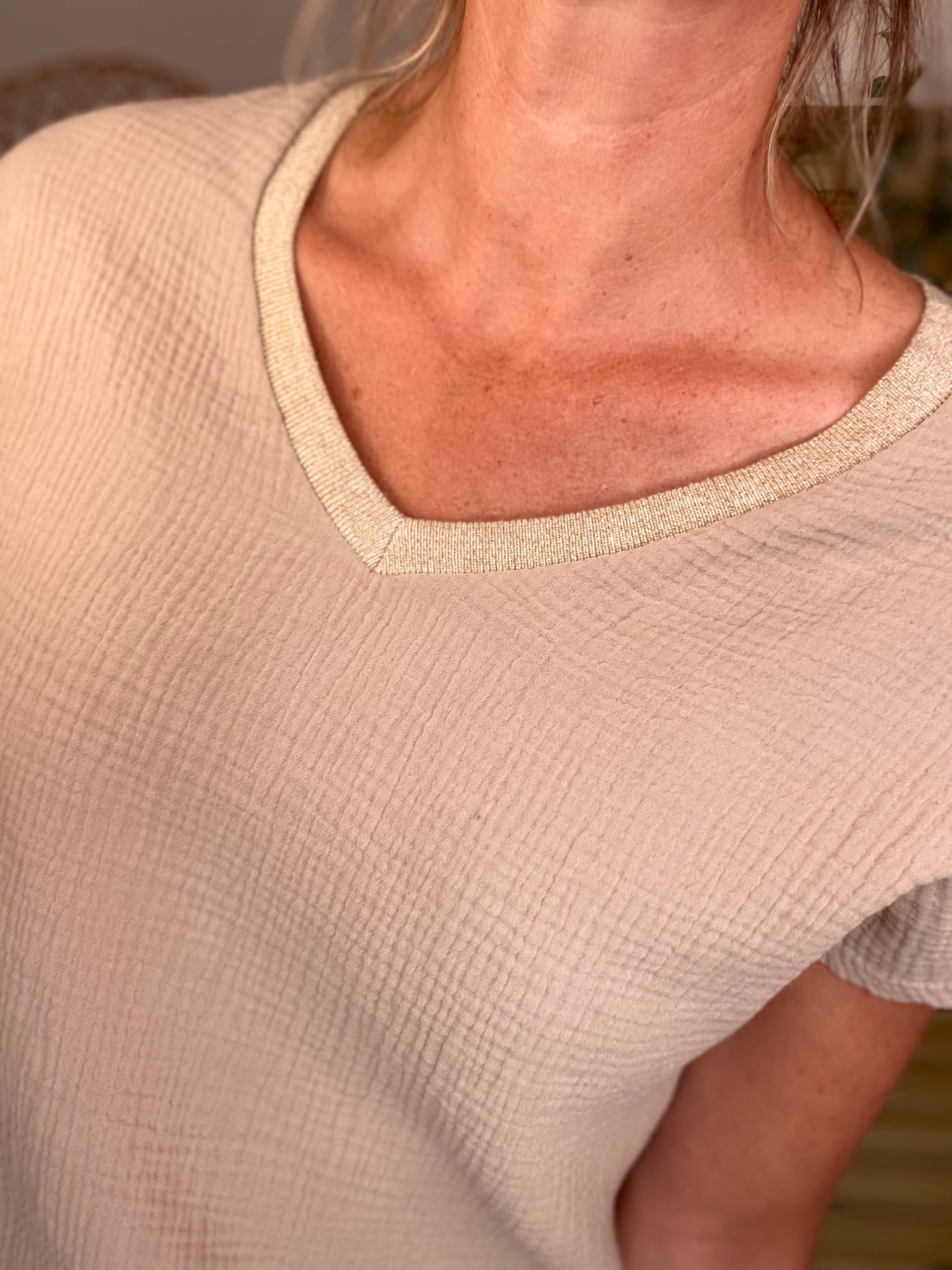 Précommande Expédition mi mai - Top en gaze de coton et lurex MARTA - Beige
