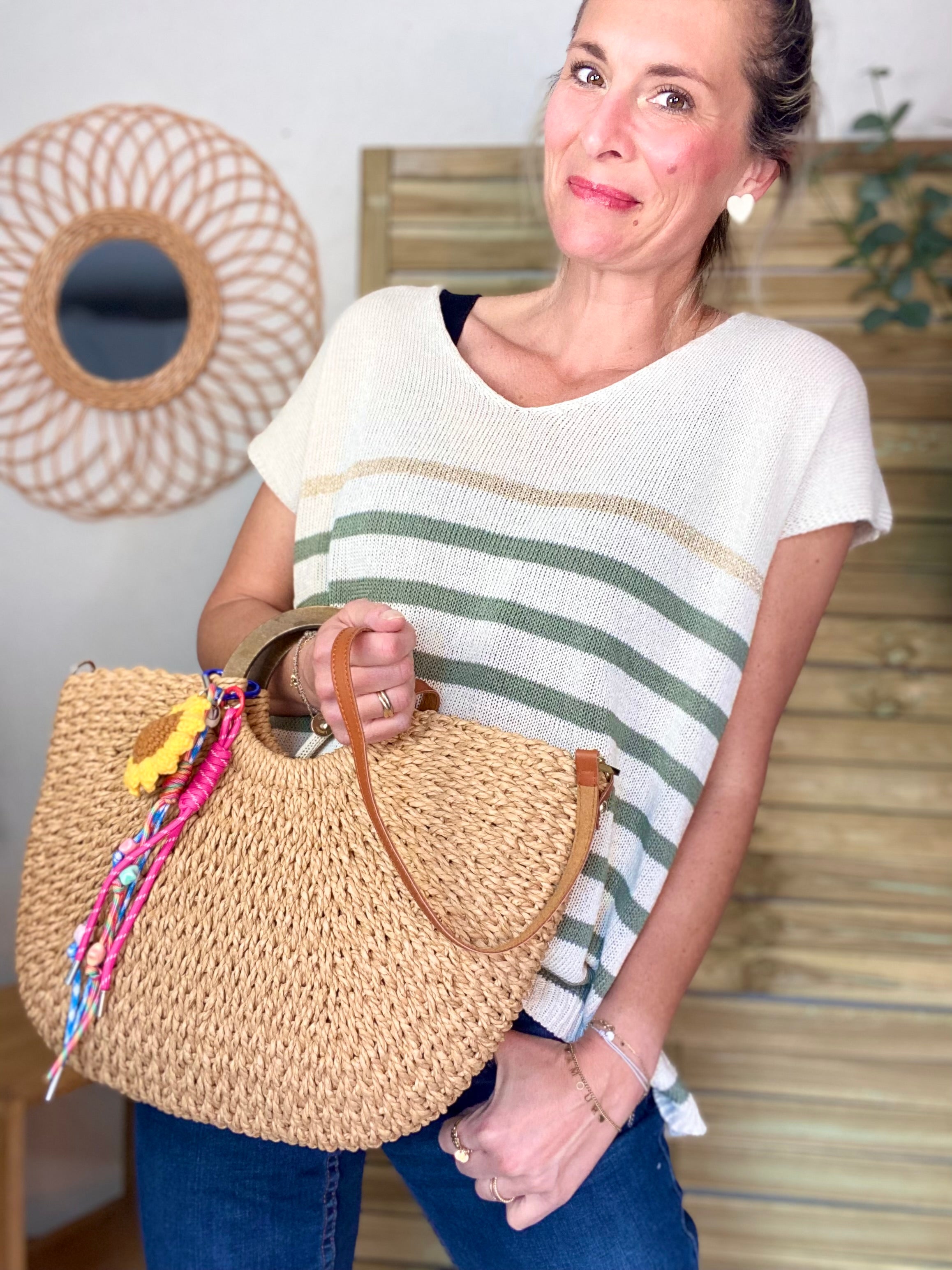 Sac à main et bandoulière en paille PAULA - Beige foncé