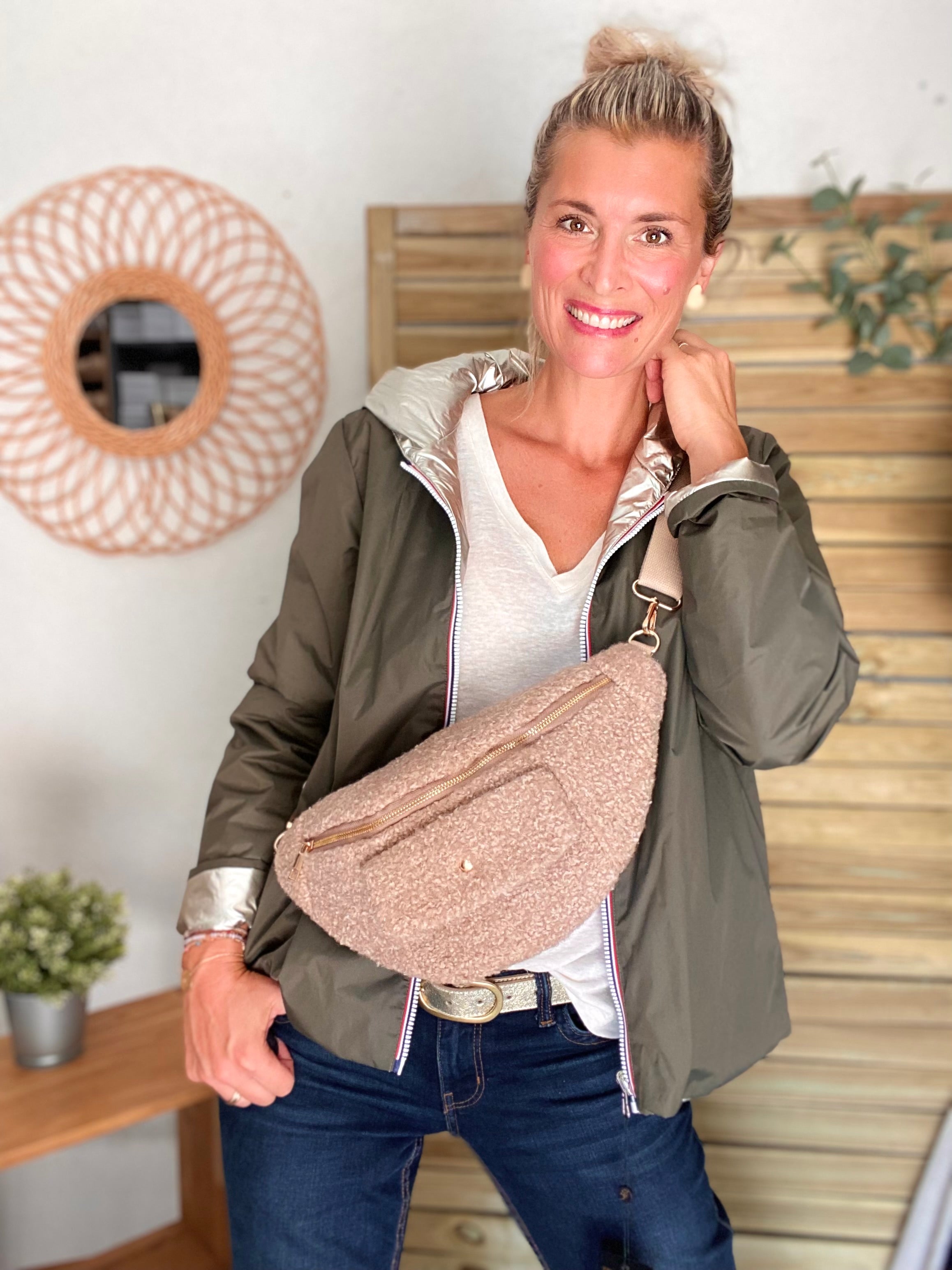 Sac banane XL moumoute lurex avec poche avant - CHELSEA - Beige taupe